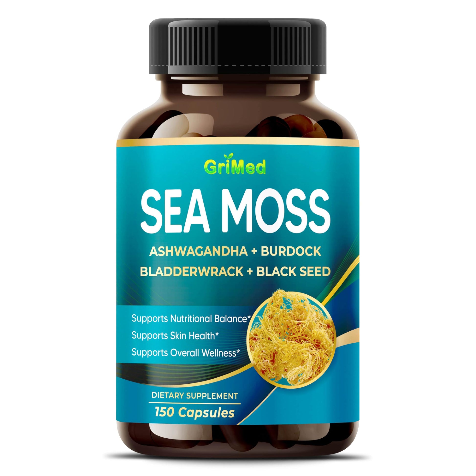 GriMed Sea Moss with Ashwagandha, Burdock Bladderwrack, Black Seed Capsules 150 Count
