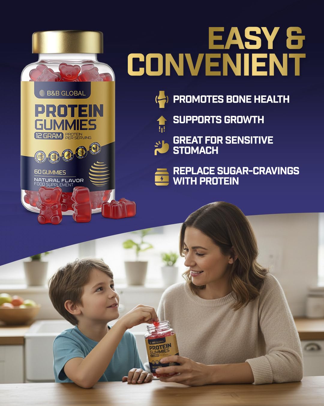 B&B GLOBAL Protein Gummies – Naturally Mixed Berry Flavored, 60 Gummies