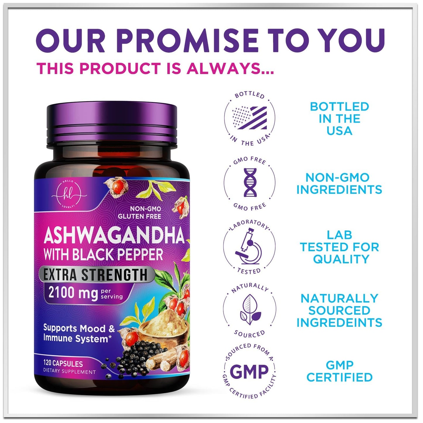Hello Lovely! Ashwagandha Supplements for Women - Extra Strength Capsules with Black Pepper Extract - Plant Powder & Root Extract, Non-GMO, 120 Capsules