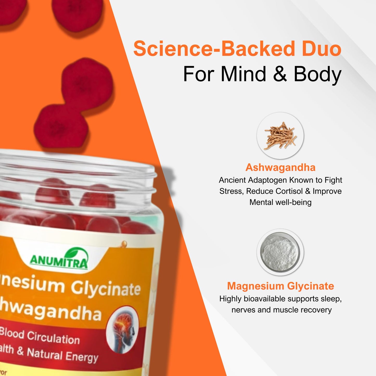 ANUMITRA Magnesium Glycinate 1000mg Gummies with Ashwagandha & CoQ10, High Absorption Vegan, Sleep & Calm Support, Raspberry Flavor, 90 Gummies