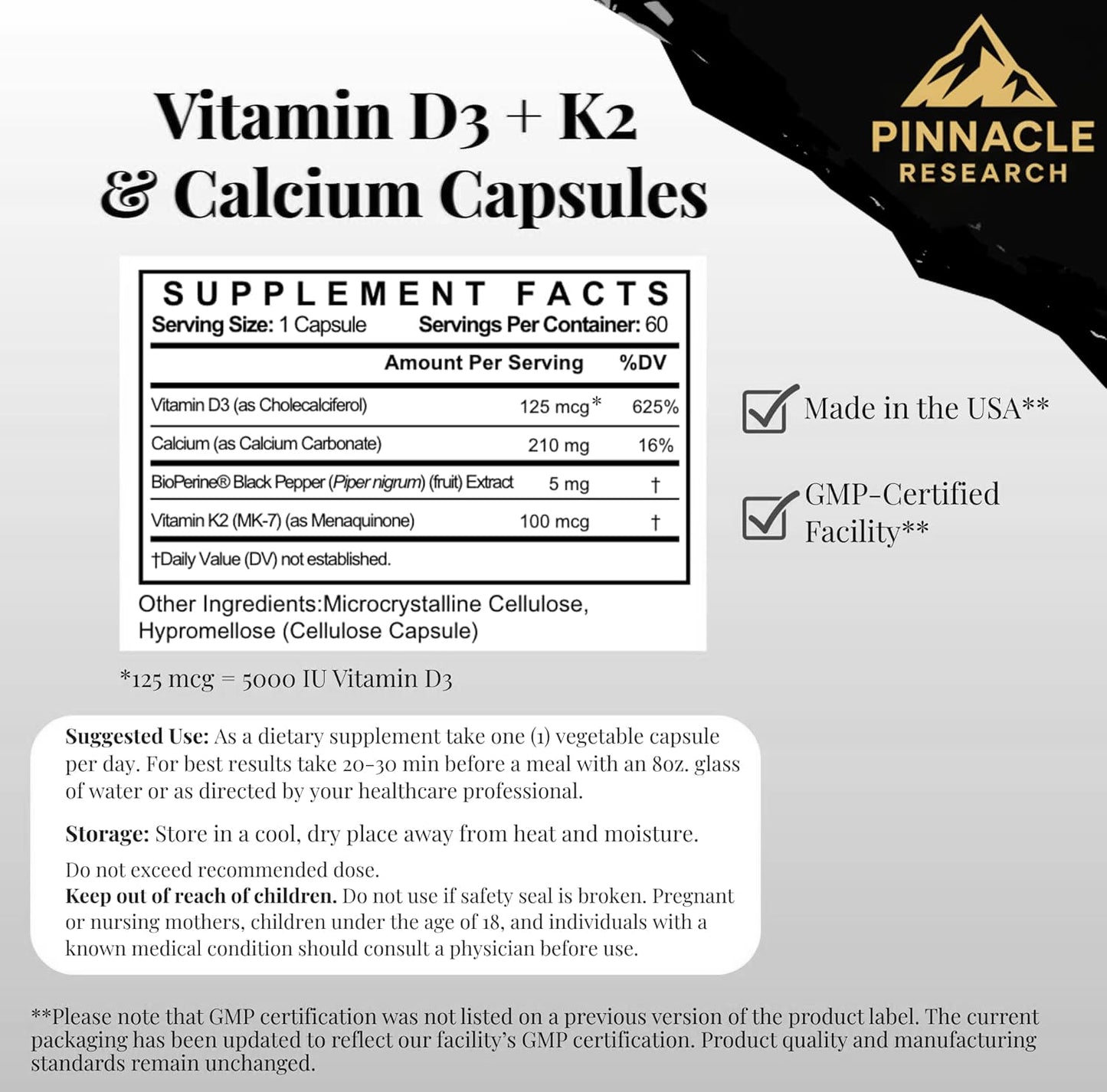 Pinnacle Research Vitamin D3 K2 Calcium 5000 IU Capsule, 60 Count