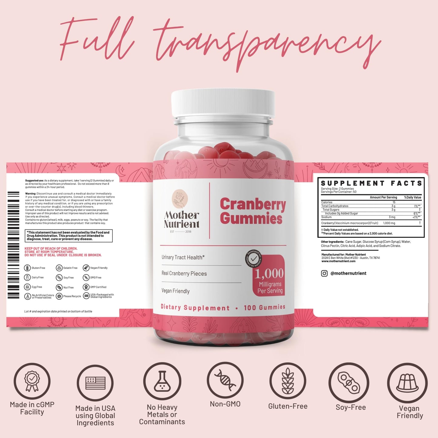 Mother Nutrient Cranberry Gummies for Women/Men/Kids Urinary Tract Health Cranberry Chews, 100 Gummies
