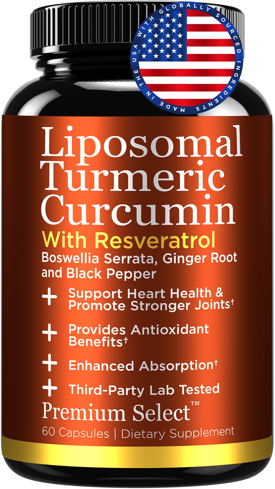 Premium Select Nutrition Liposomal Curcumin Capsules with Resveratrol, Boswellia Serrata, Turmeric and Ginger, Enhanced Absorption, 60 Count