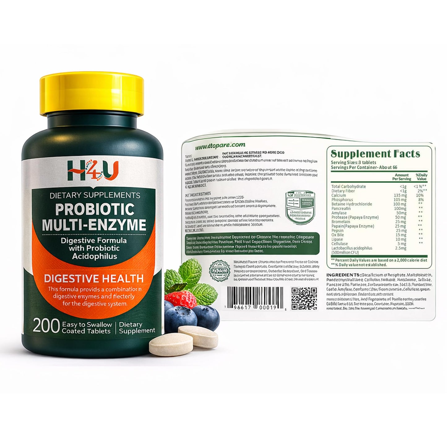 H4U Probiotic Multi-Enzyme Digestive Formula Tablets, 200 Count