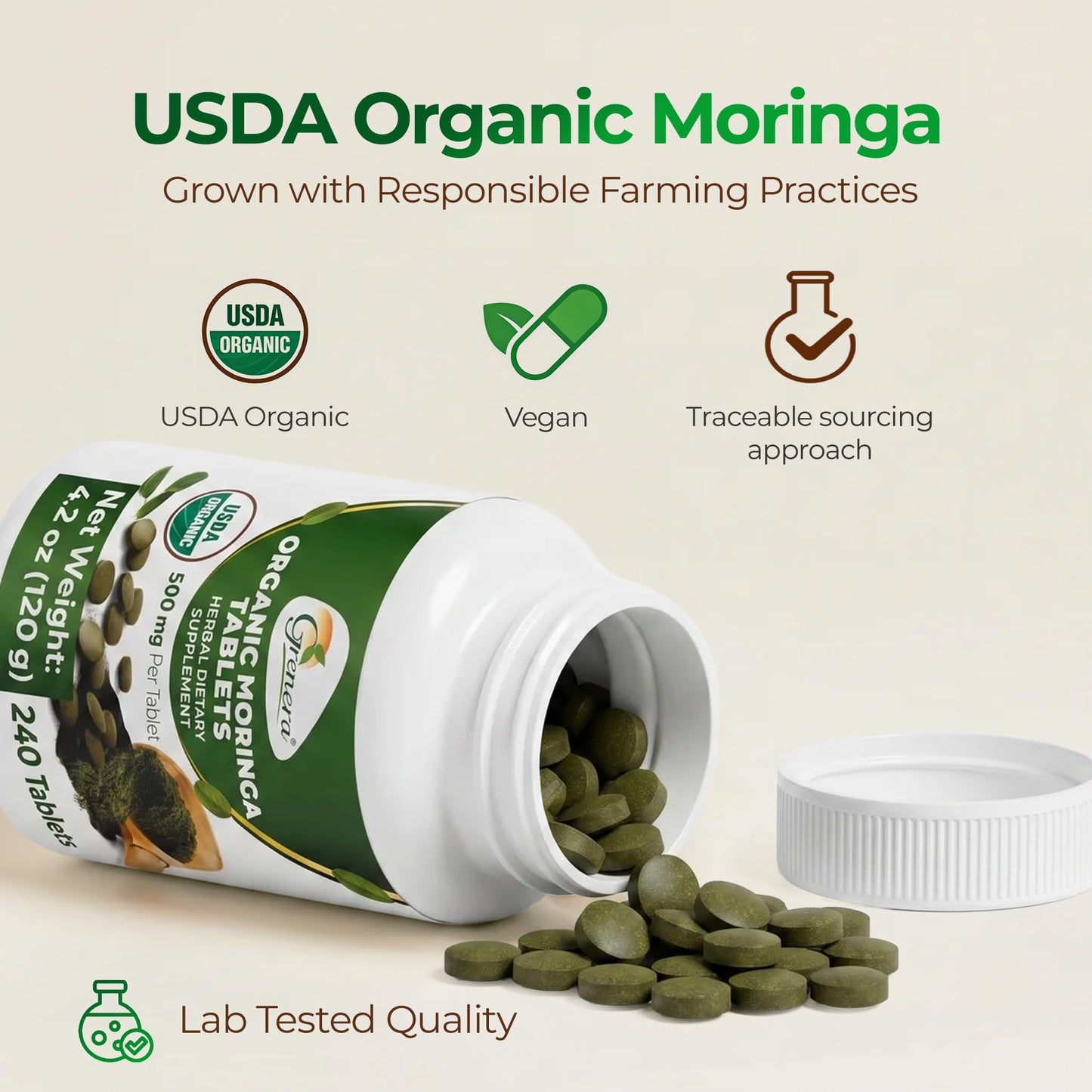 Grenera Organic Moringa 500mg Tablets, 240 Count