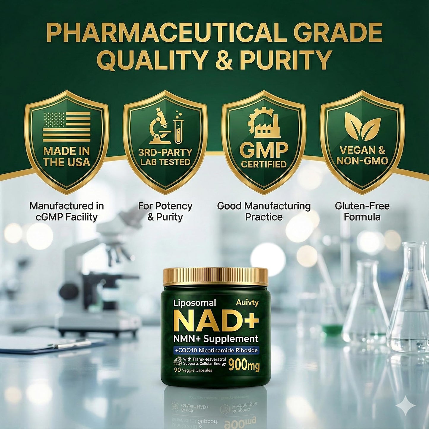 Auivty Liposomal NAD+ NMN Supplement with COQ10, Nicotinamide Riboside, Trans-Resveratrol, 900mg, 90 Capsules