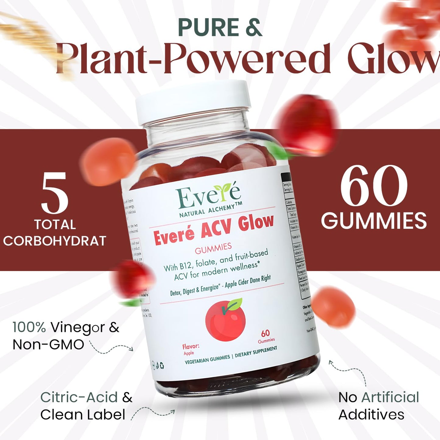 The EverÉ Natural Alchemy ACV Glow Gummies – Apple Cider Vinegar with B12, B6, Iodine, Folate, Beetroot & Pomegranate – Daily Wellness Support for Energy & Balance 60 Count