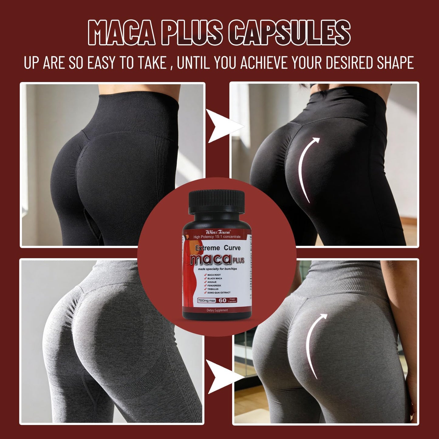 Wins Town Maca Plus 7500mg, Ashwagandha & Ginseng, 60 Capsules