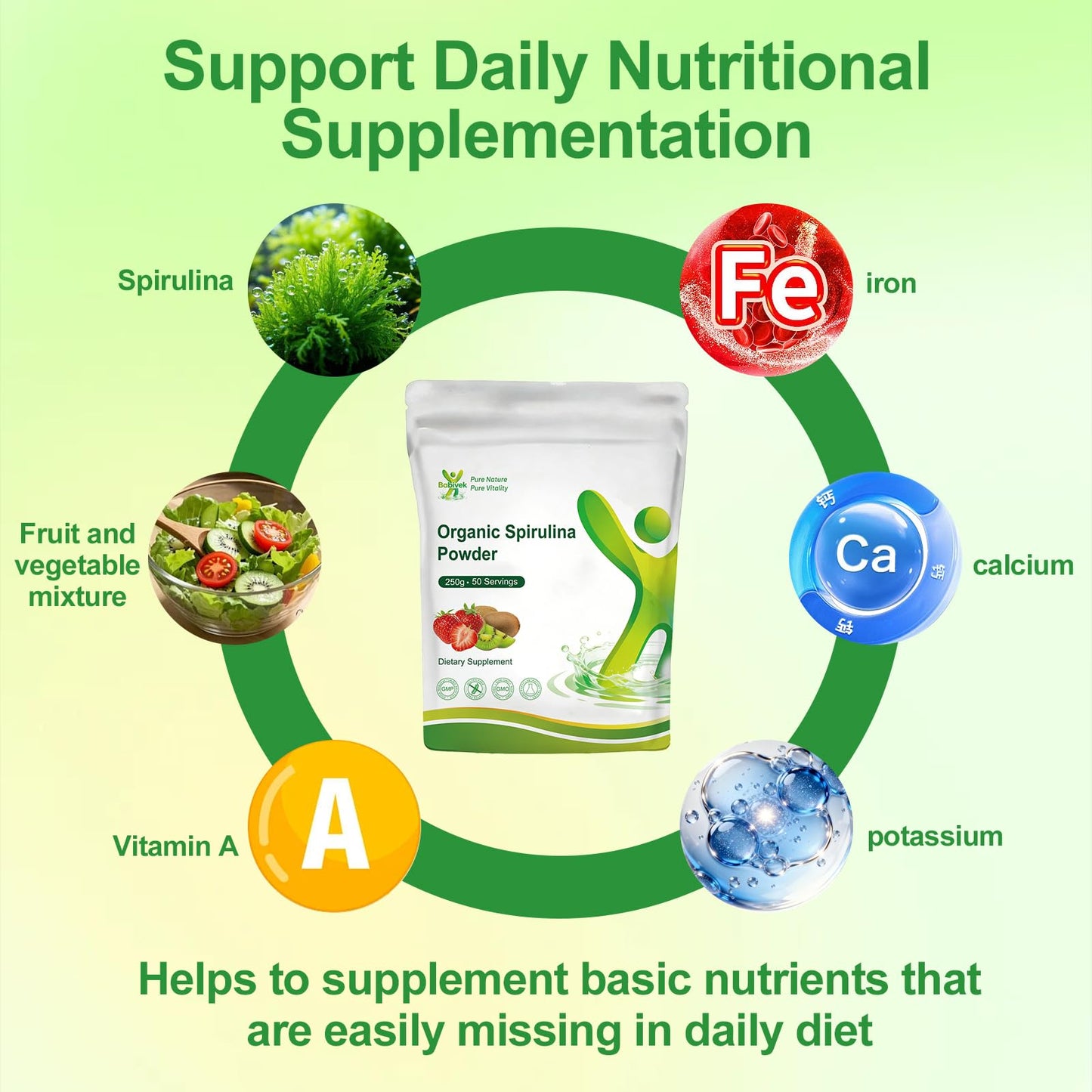 Babivek Spirulina Powder Organic Greens Superfood Vitamins and Minerals, 8.82 Ounce