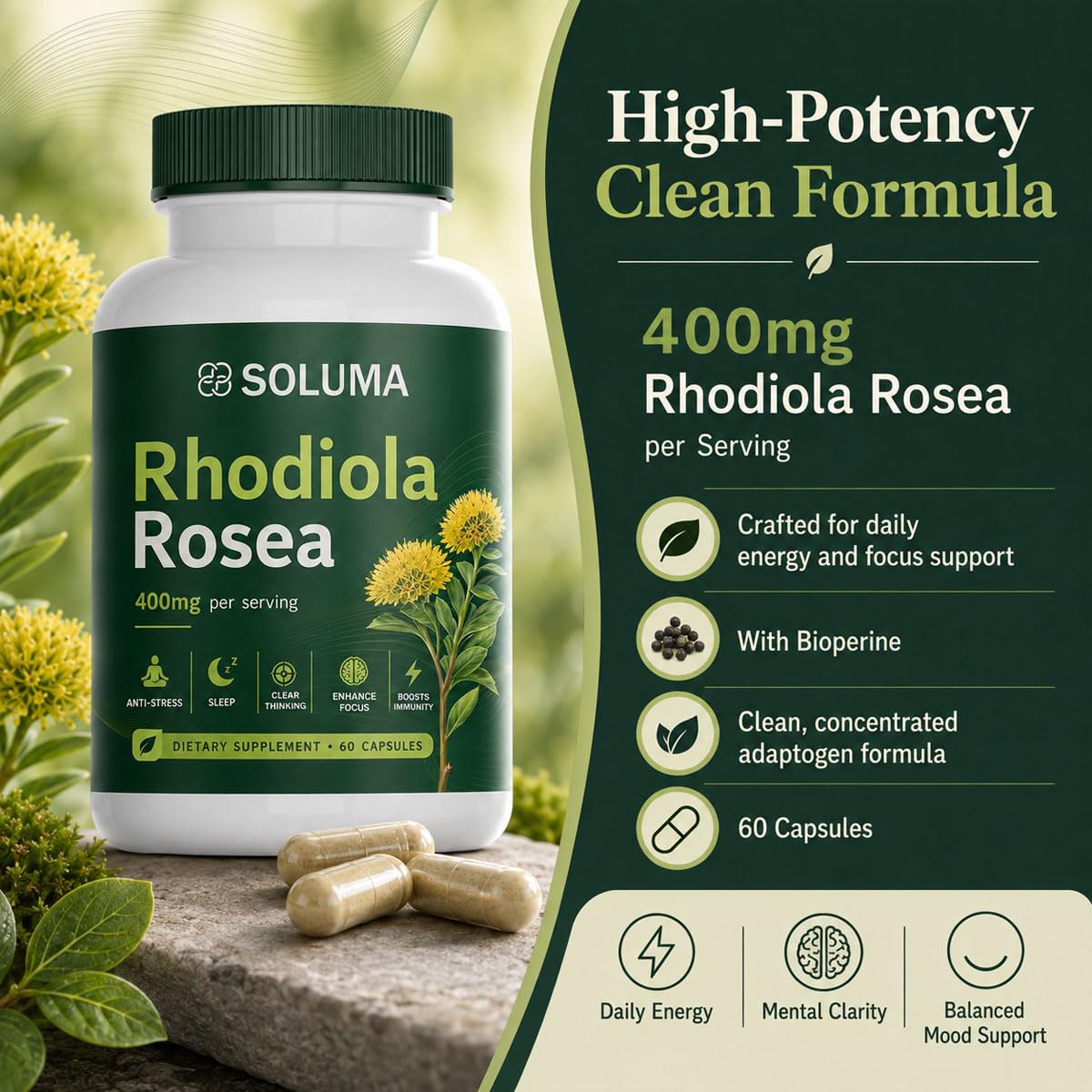 Soluma Rhodiola Rosea Organic Adaptogen Supplement with Bioperine, Energy, Stress & Mental Focus Support, 60 Capsules