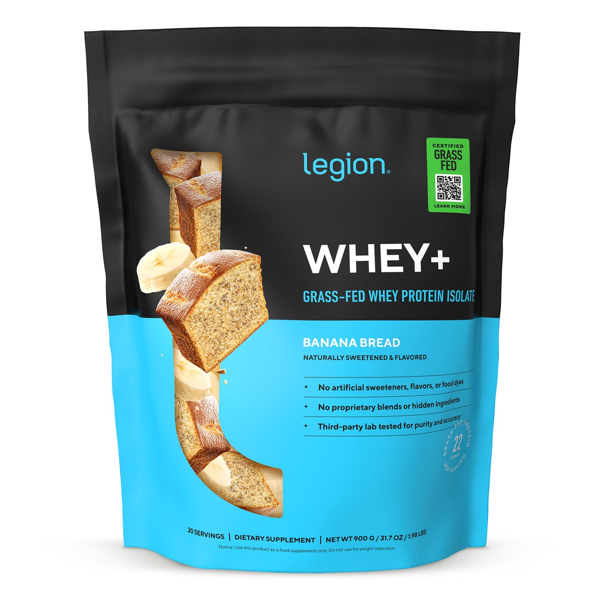 LEGION Whey+ Protein Isolate Powder from Grass-Fed Cows Banana Bread Flavor, 30 Servings
