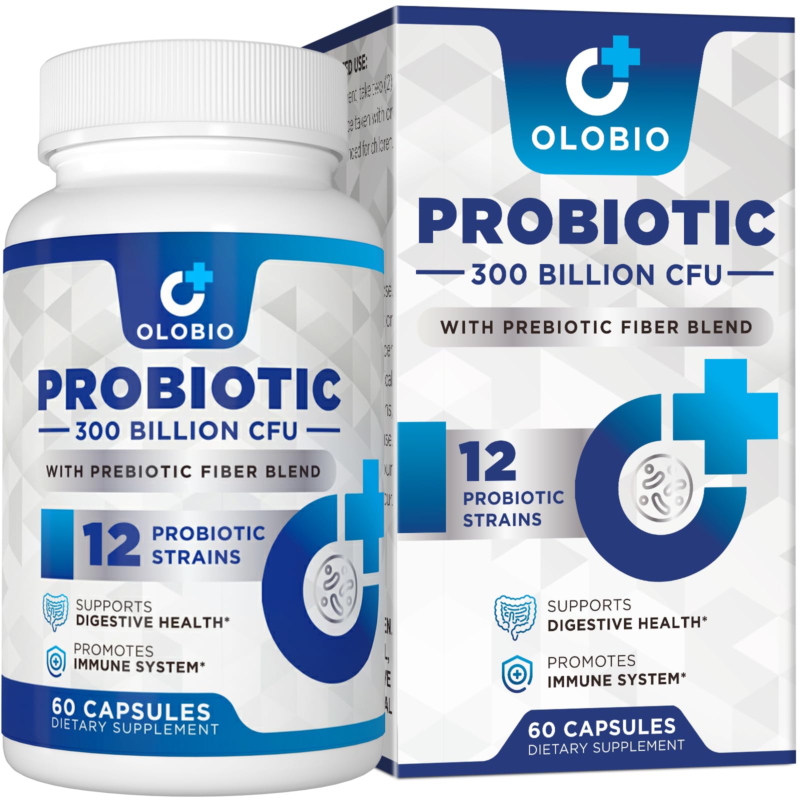 OLOBIO Probiotic 300 Billion CFU with 12 Strains and 3 Organic Prebiotics Capsules, 60 Count