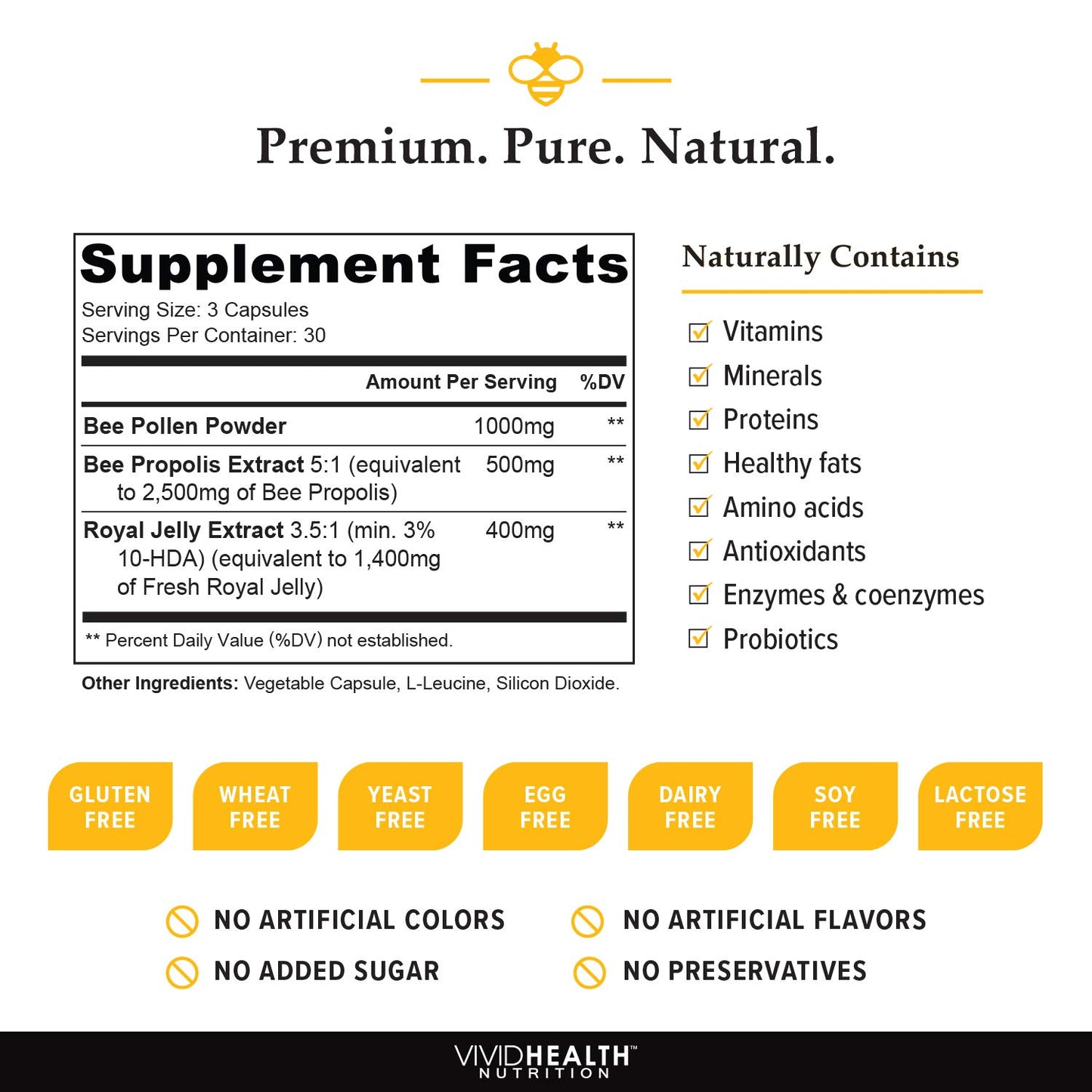 Vivid Health Nutrition High Potency Royal Jelly and Bee Pollen Capsules, 90 Count