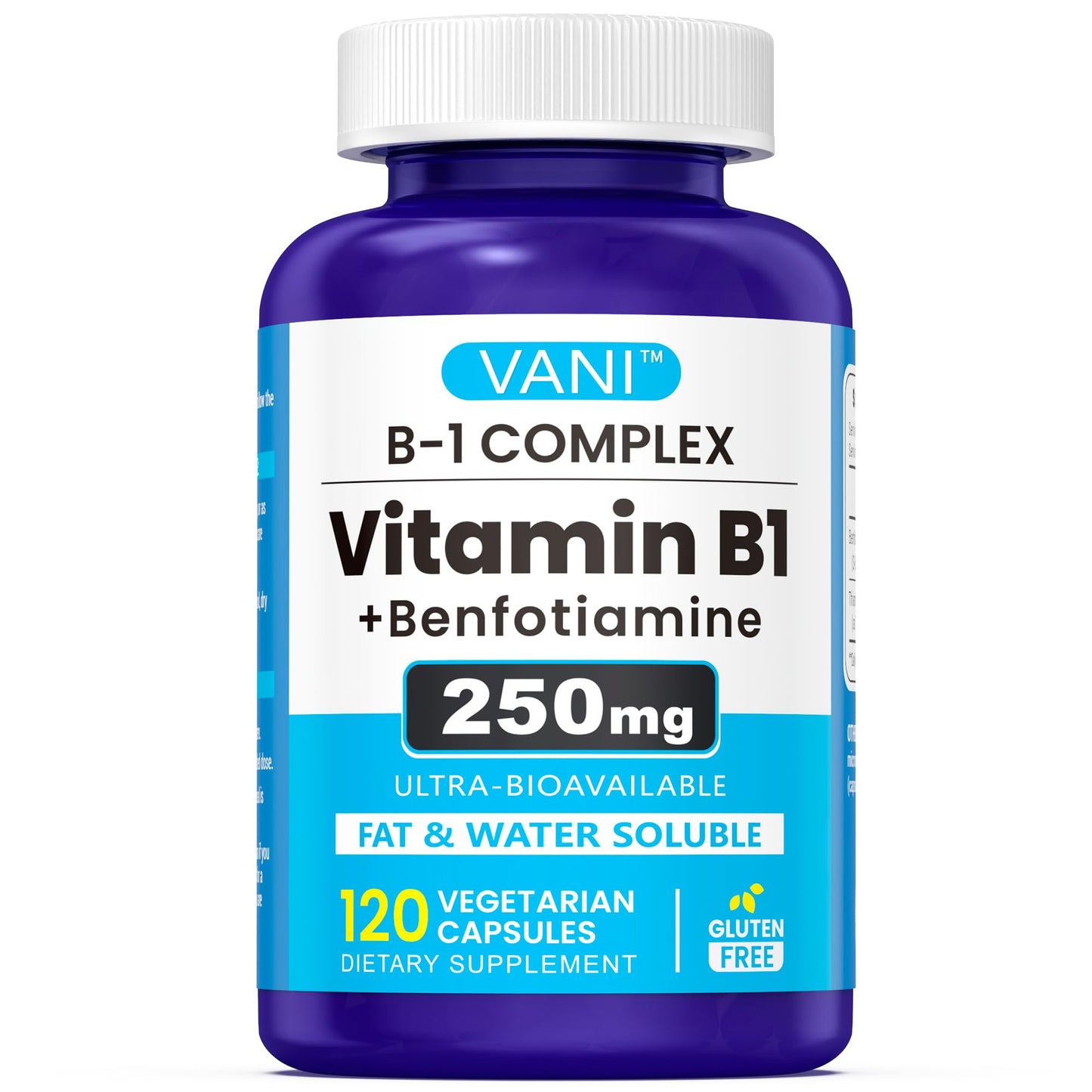 VANI Vitamin B1 with Benfotiamine 250mg Complex 2 in 1 Enhanced Formula - Fat & Water Soluble Thiamine B1 Supplement, 120 Capsules