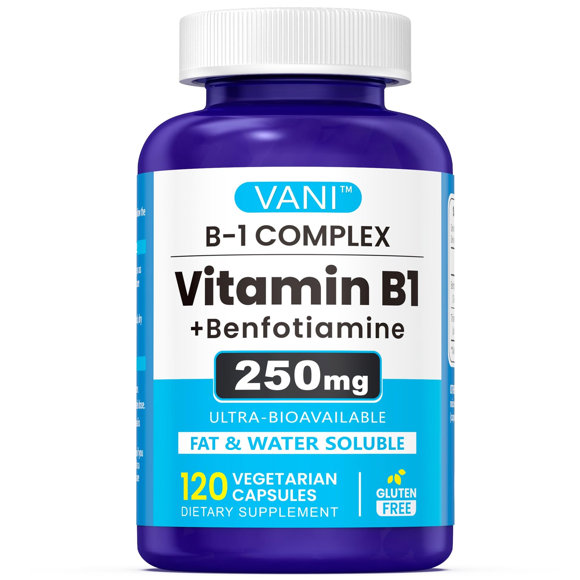 VANI Vitamin B1 with Benfotiamine 250mg Complex 2 in 1 Enhanced Formula - Fat & Water Soluble Thiamine B1 Supplement, 120 Capsules