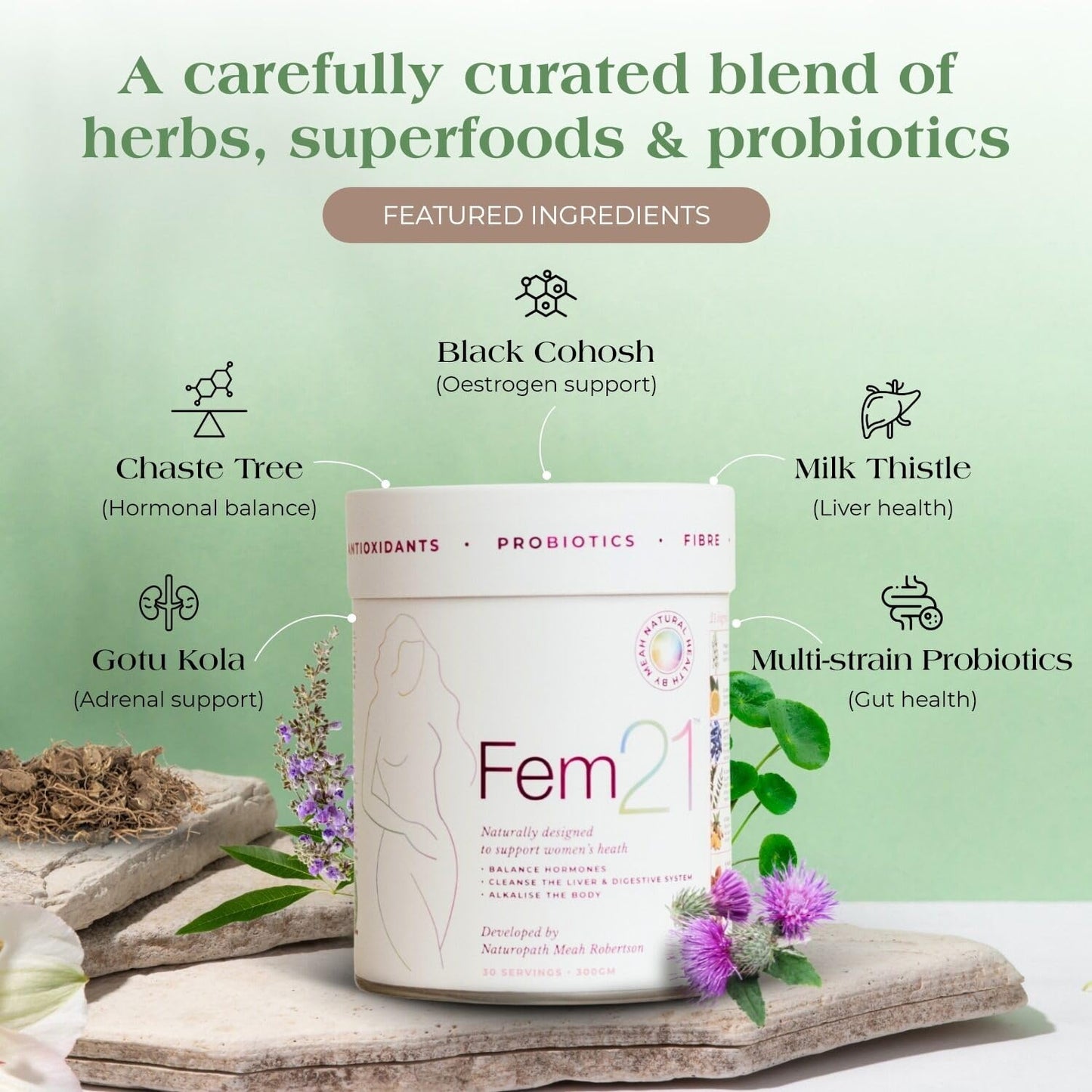 Fem21 Nutritional Supplement for Women, Herbal Blend with 21 Superfoods for Women's Wellness and Vitality, with Prebiotics, Probiotics and Antioxidants, Powder, 10.58 oz