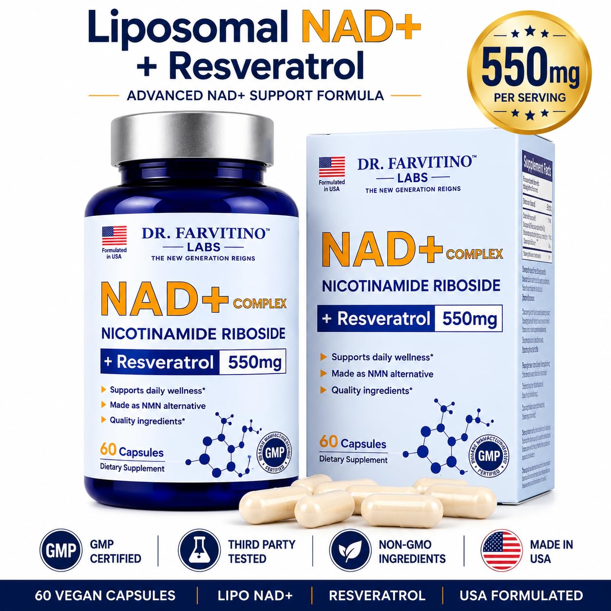 DR. FARVITINO LABS NAD+ Supplement 550mg NextGen Liposomal NAD+ + Trans-Resveratrol 60 Vegan Capsules