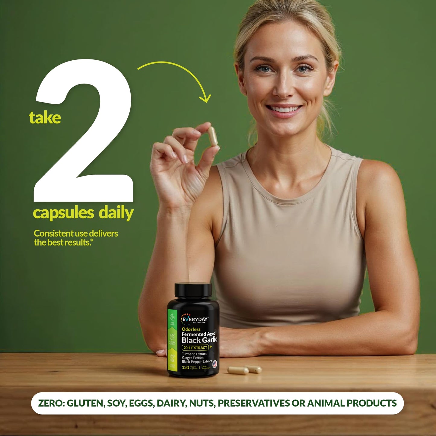 EVERYDAY NUTRITION Odorless Fermented Aged Black Garlic Extract with Turmeric Complex, Ginger, Black Pepper Extract 90 Capsules