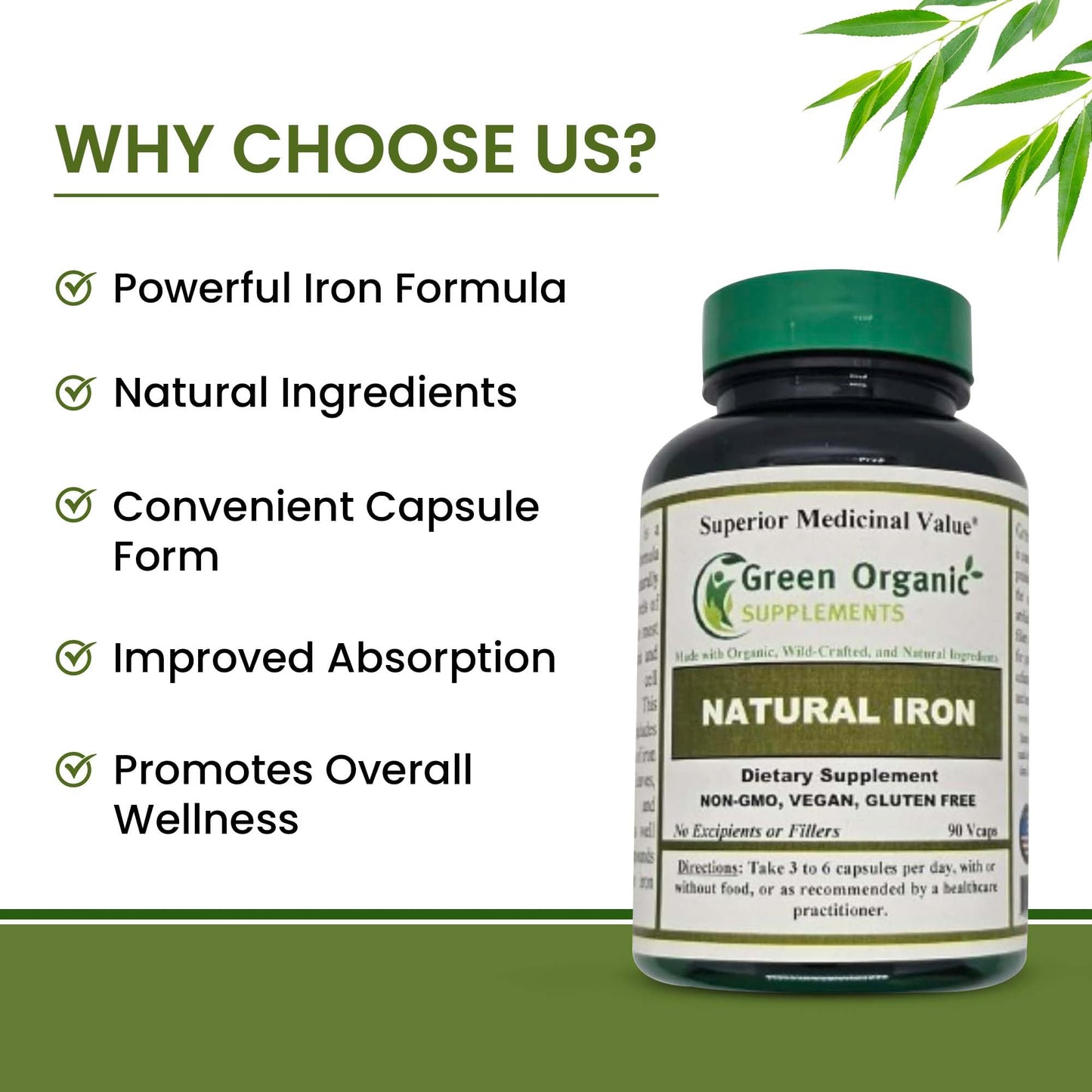 Green Organic Supplements Iron Capsules 90 Count