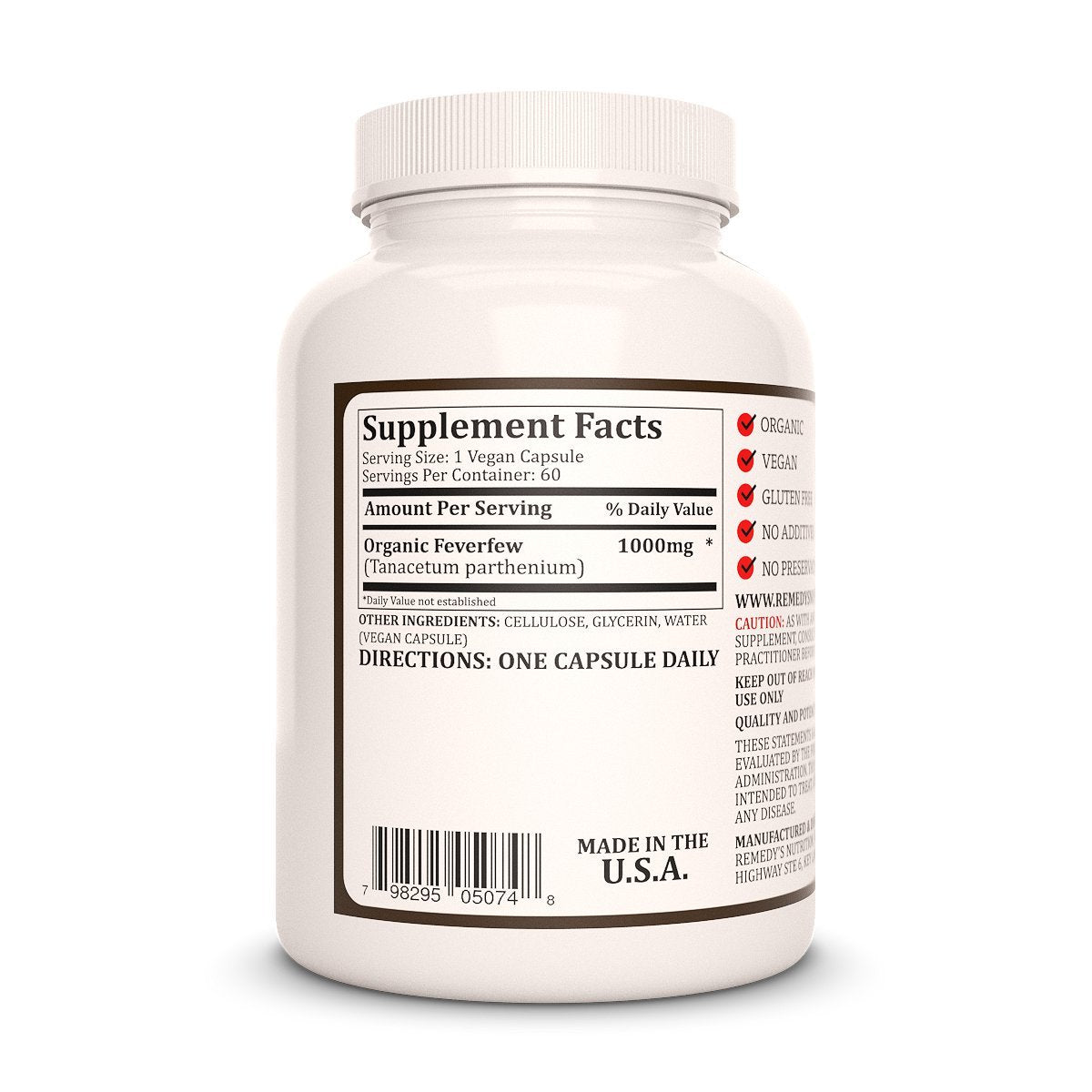 Remedy’s Nutrition Feverfew 1000 mg Capsules, 60 Count