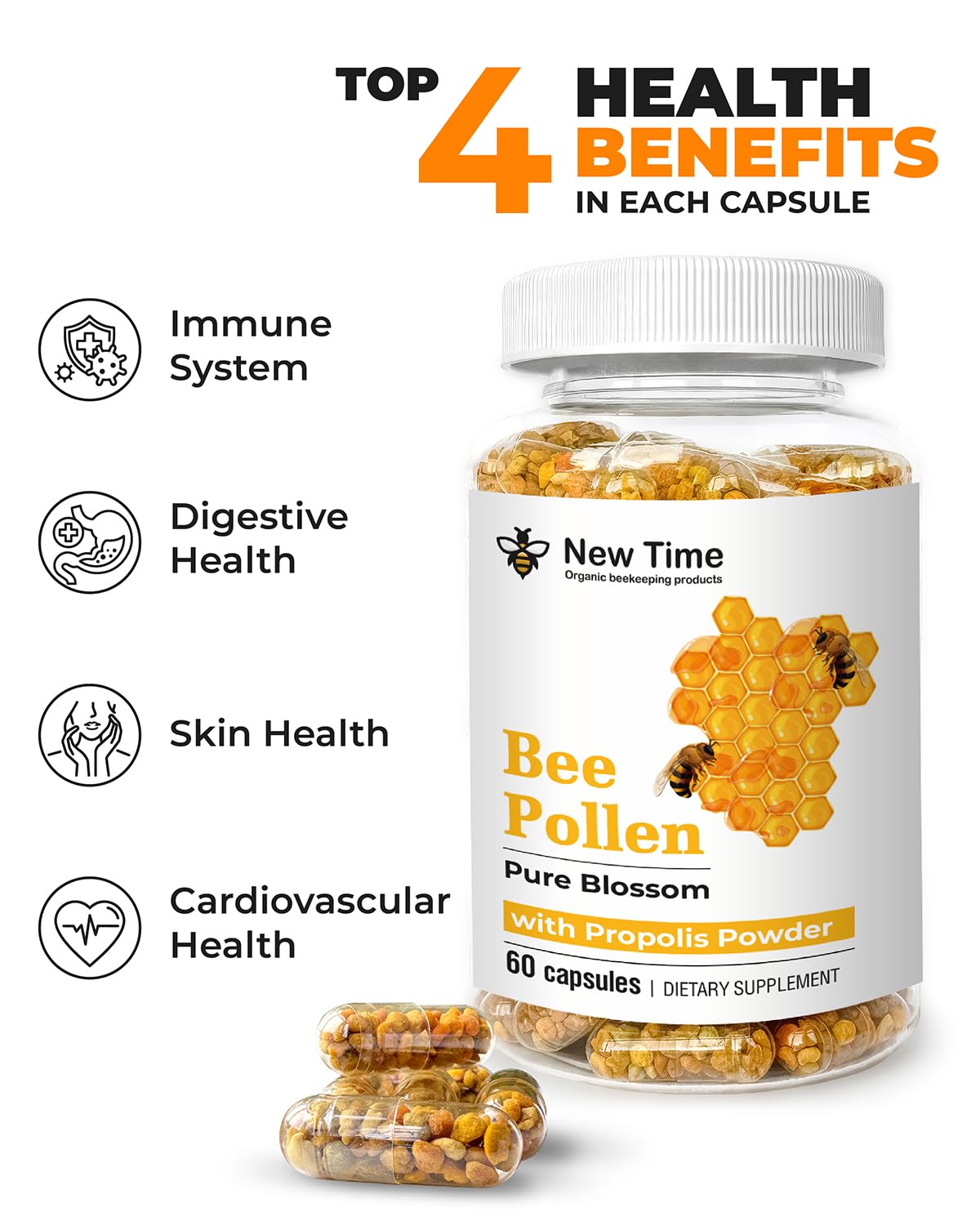 New Time Organic beekeeping products Bee Pollen Capsules with Propolis Capsule, 60 Count