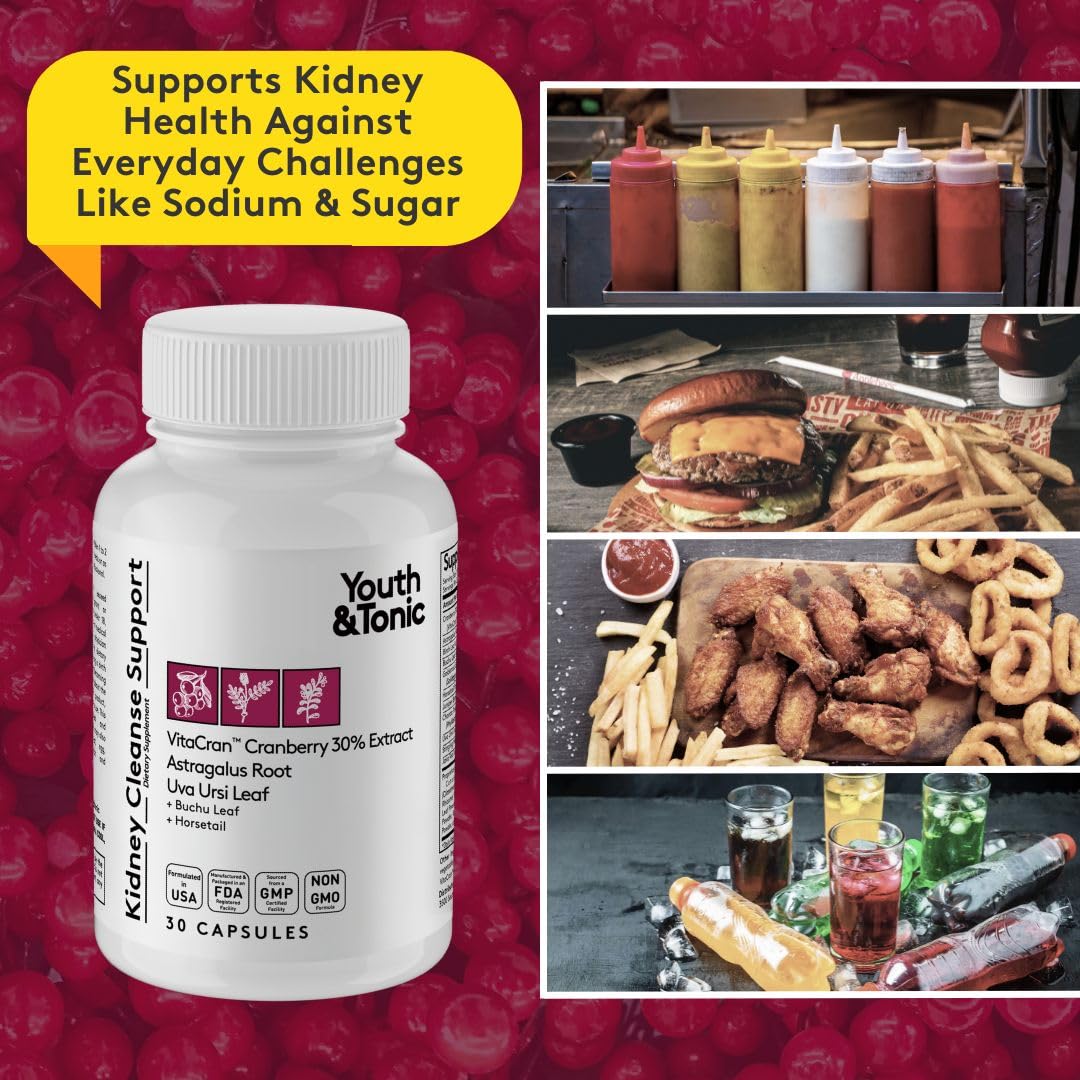 Youth & Tonic Kidney Support Supplement, Cleanse, Detox, Cranberry Extract Capsules, 30 Count