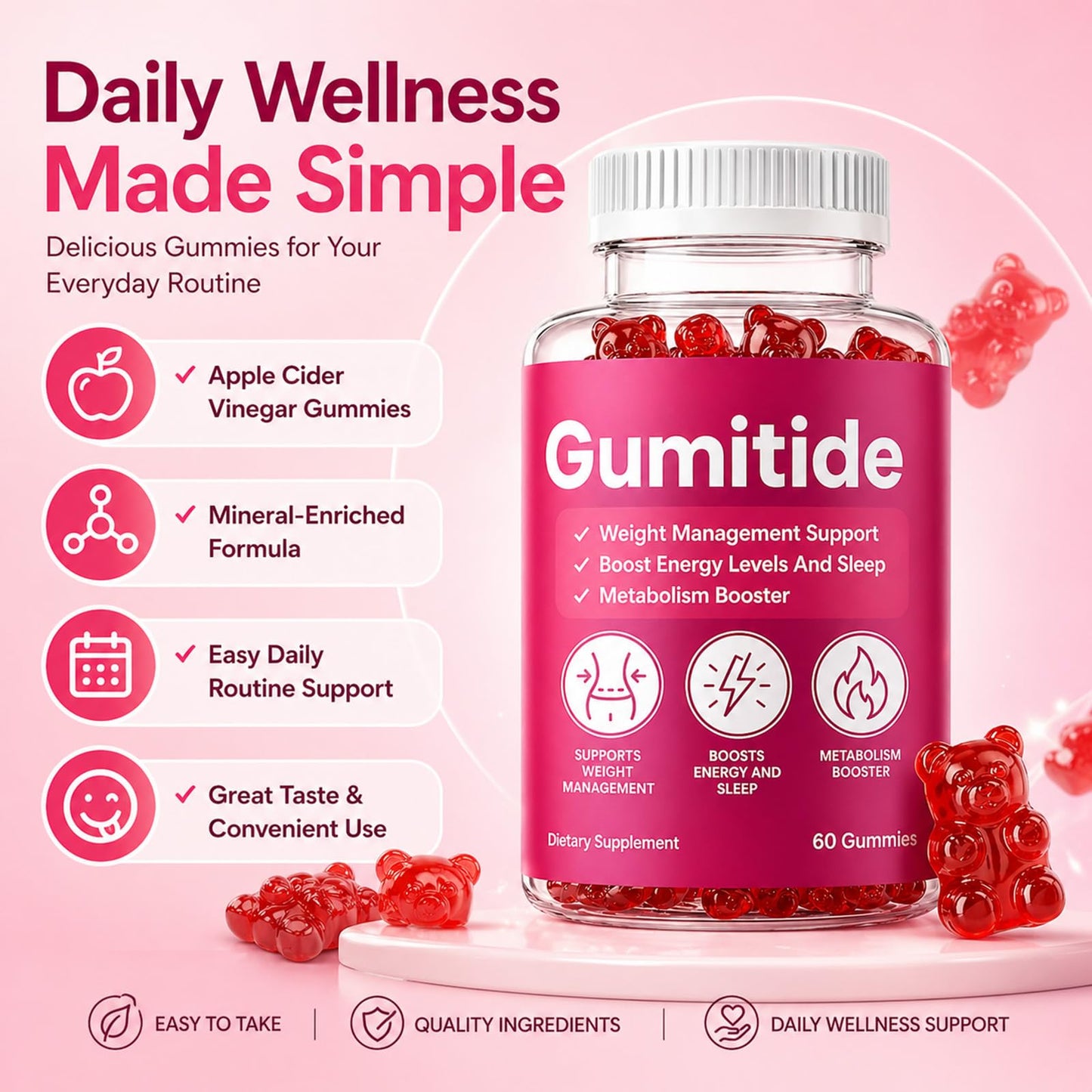 KWEZTY Gumitide Gummies with Apple Cider Vinegar, Calcium+Magnesium+Sodium, Weight Management Support, 60 Gummies