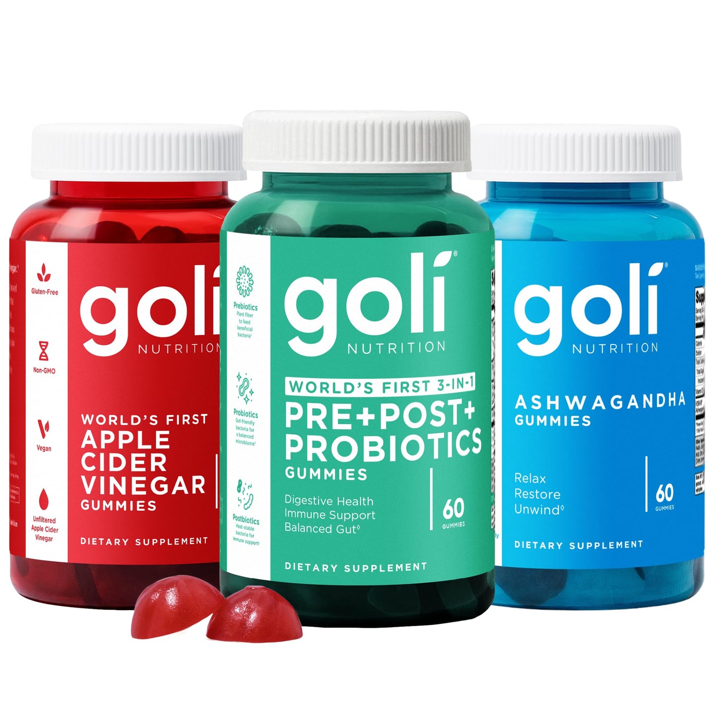 Goli Power Wellness Trio for Stress, Gut & Immune - World's First 3-in-1 Pre, Post, Probiotic, Apple Cider Vinegar & Vitamin B12, Ashwagandha & Vitamin D Gummies, 60 Gummies