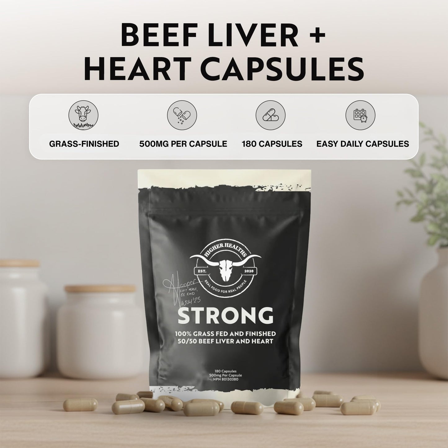 Higher Healths Grass-Fed Beef Liver & Heart Capsules, 180 Count