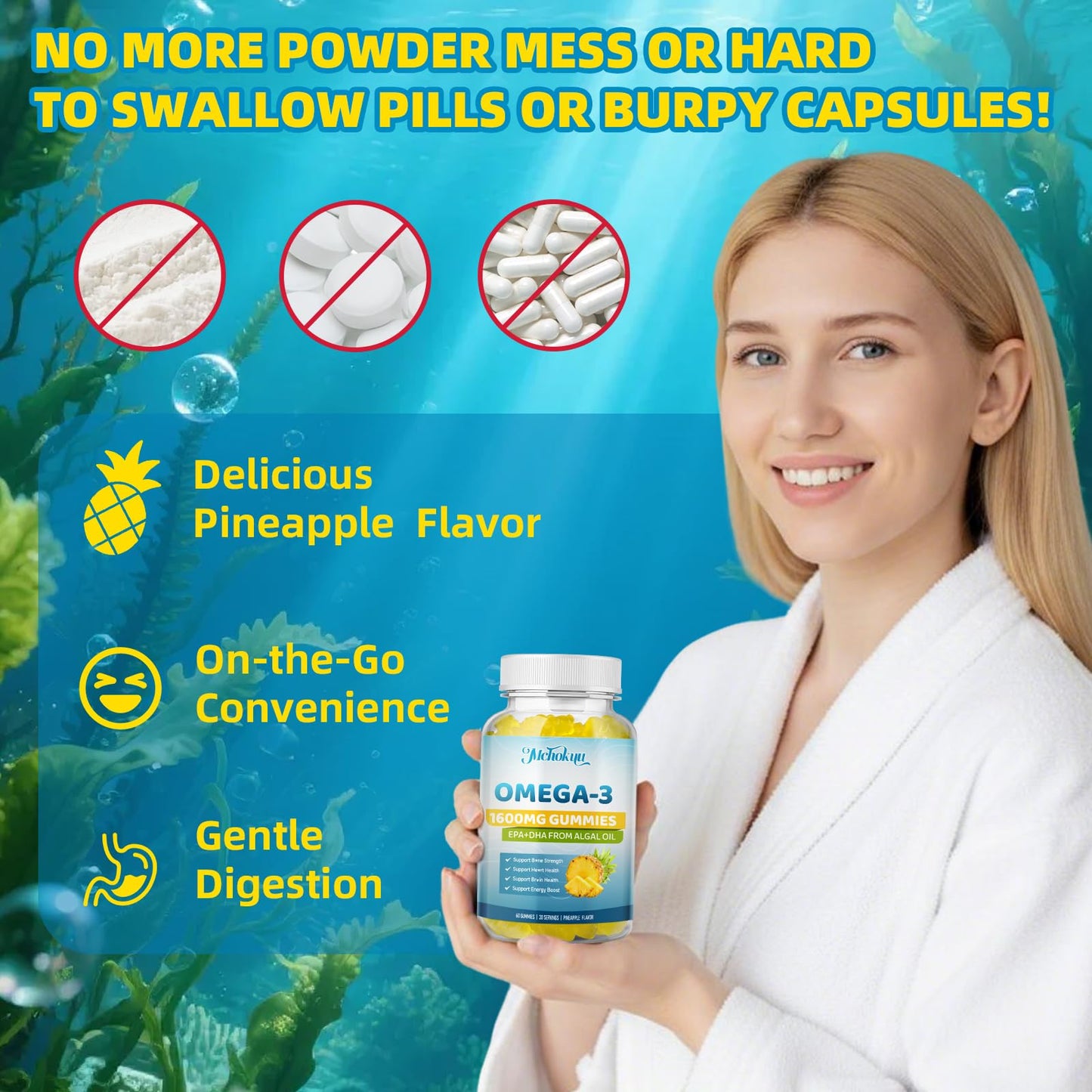 Mchokuu Vegan Omega-3 Gummies 1600mg EPA & DHA from Algal Oil, 60 Count