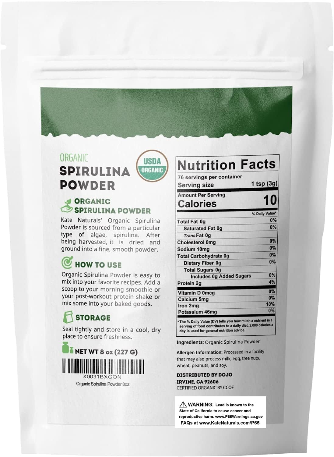 Kate Naturals Organic Spirulina Powder 8 oz
