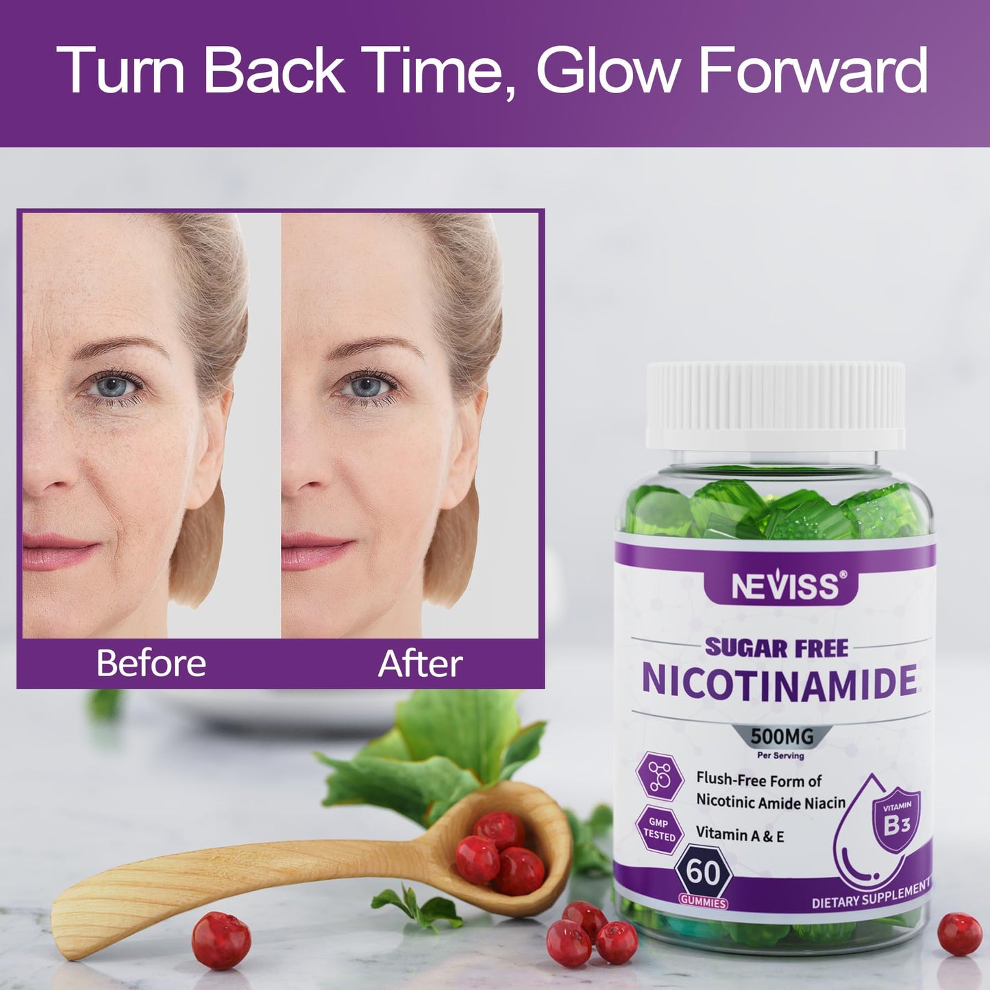 NEVISS Nicotinamide 500mg Vitamin B3 Gummies, 60 Gummies