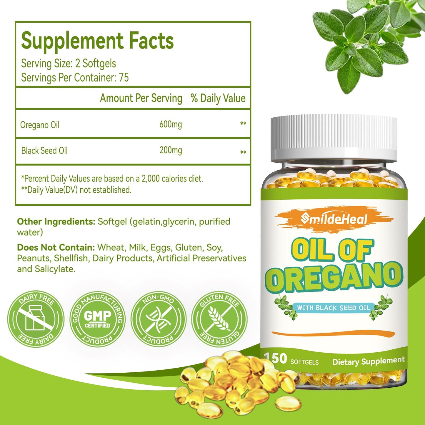 SmildeHeal Oregano Oil with Black Seed Oil Softgels, 150 Softgels