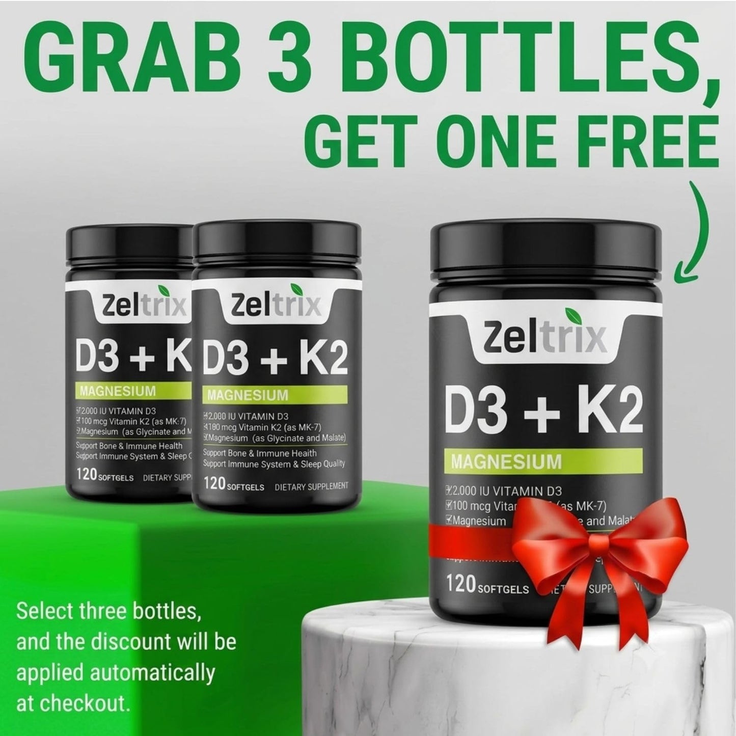 Zeltrix Vitamin D3 + K2 with Magnesium 2000iu (100mcg) MK-7 Glycinate & Malate Supplement Softgels, 120 Count