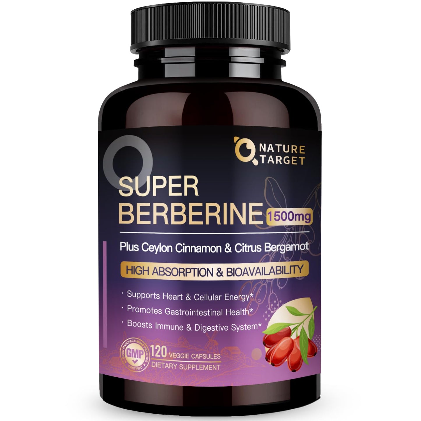 NATURE TARGET Berberine Supplement 1500mg Higher Absorption Berberine HCL Complex with Citrus Bergamot Supports Gastrointestinal & Immune, Non-GMO, 120 Capsules