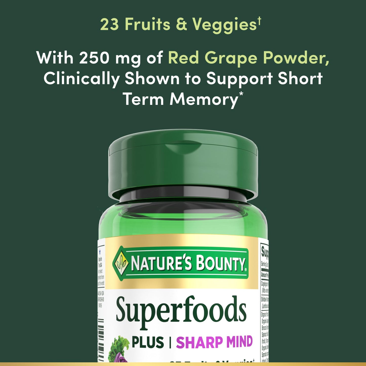 Nature's Bounty Superfoods Plus Sharp Mind for Brain Health, Memory; Focus, Superfoods With 23 Fruits & Veggies plus Red Grapes - Cognitive Supplement, 30 Capsules