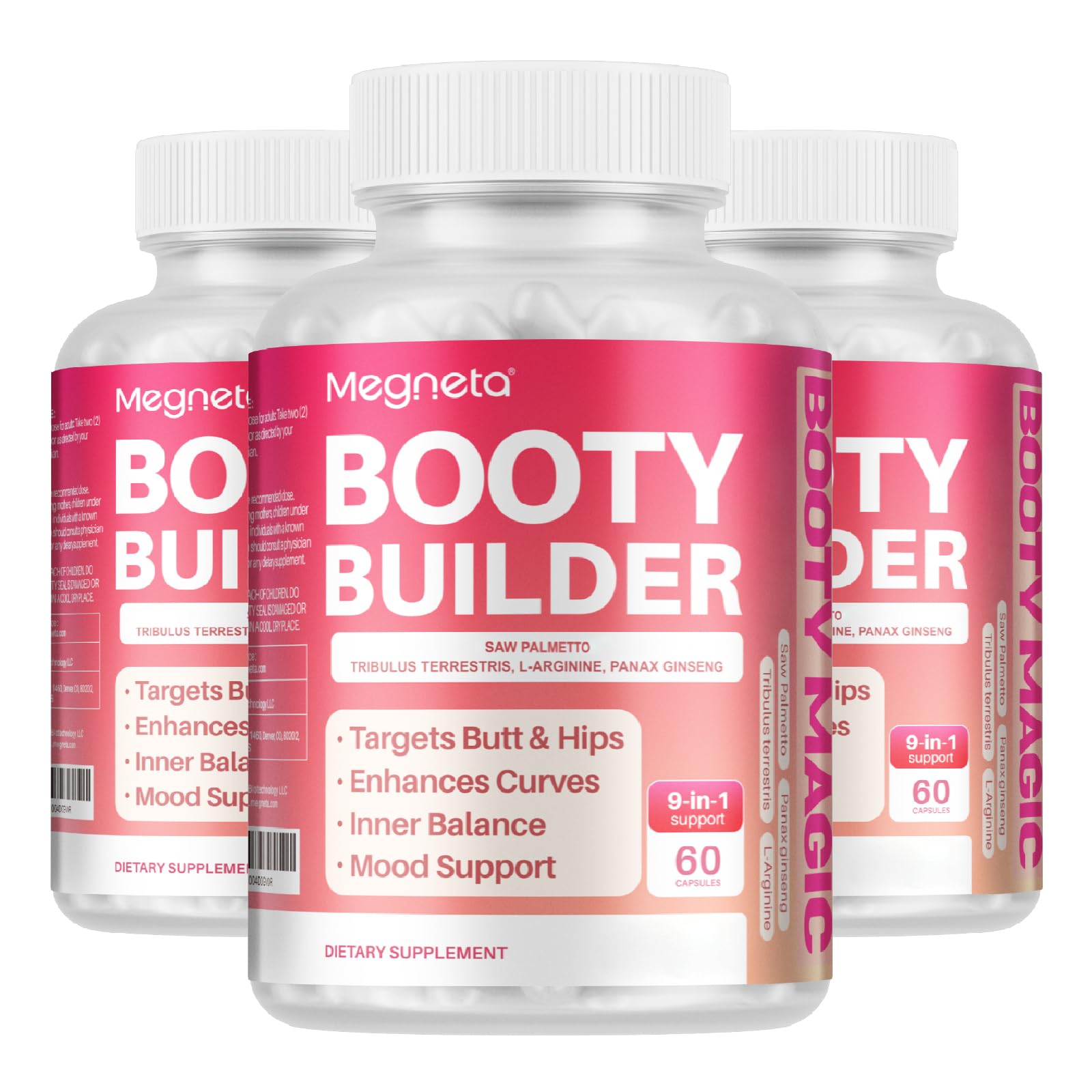 MEGNETA Booty Capsules for Butt Growth - Bum Lift Support with Herbal Extracts for Natural Curves, 180 Capsules