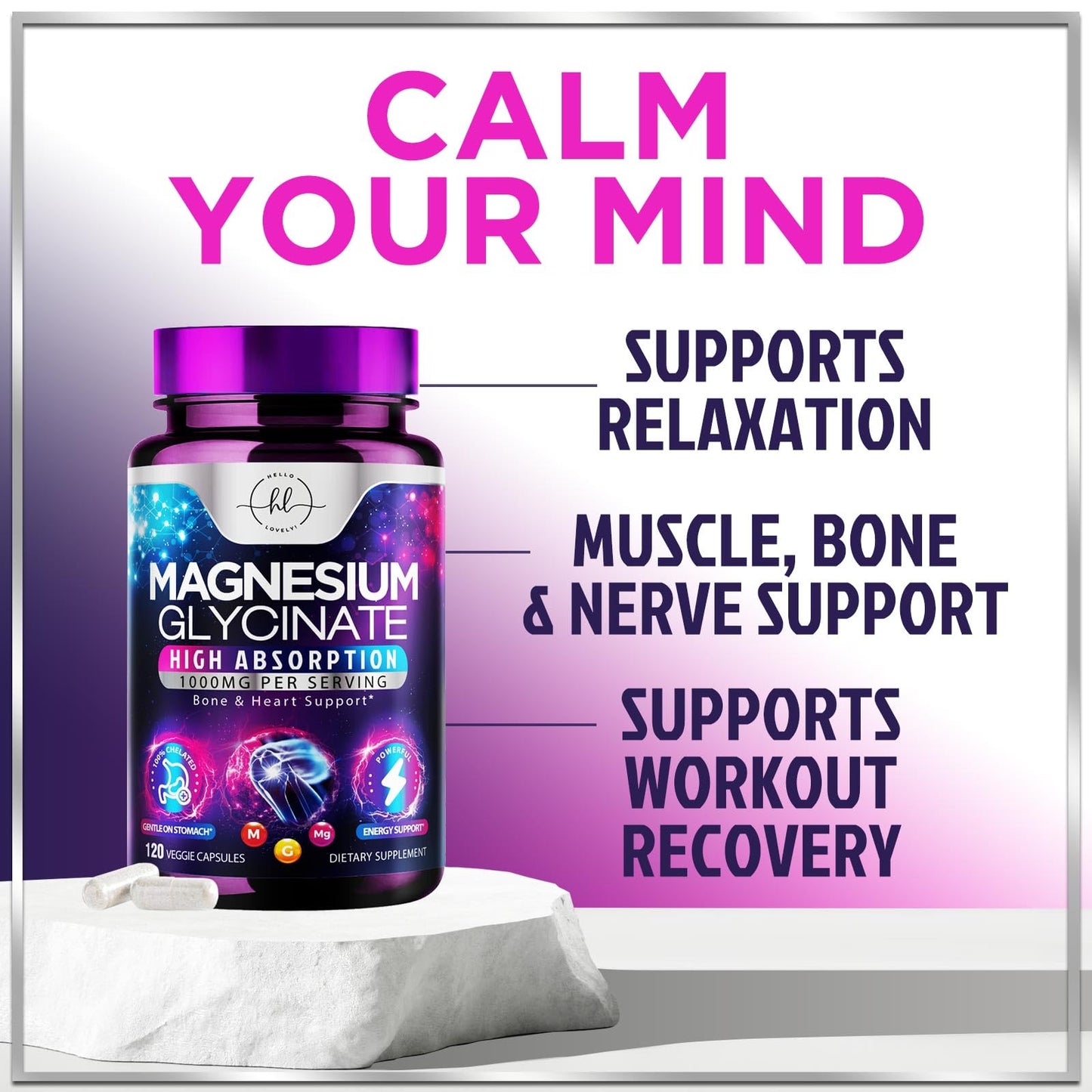 Hello Lovely! Magnesium Glycinate Supplement Capsules 120