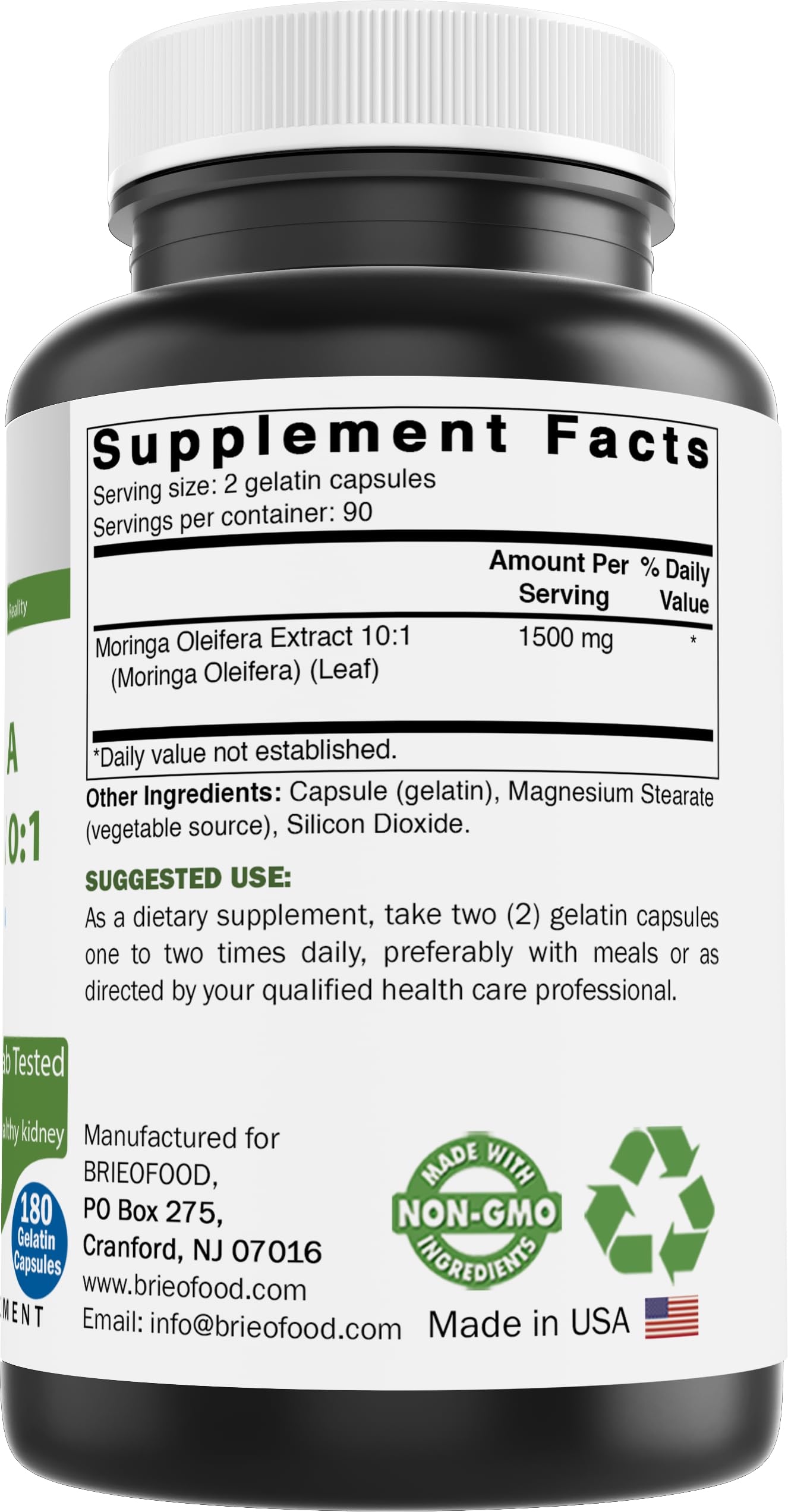 Brieofood Moringa Oleifera Extract 10:1 1500 mg Capsules 180 Count