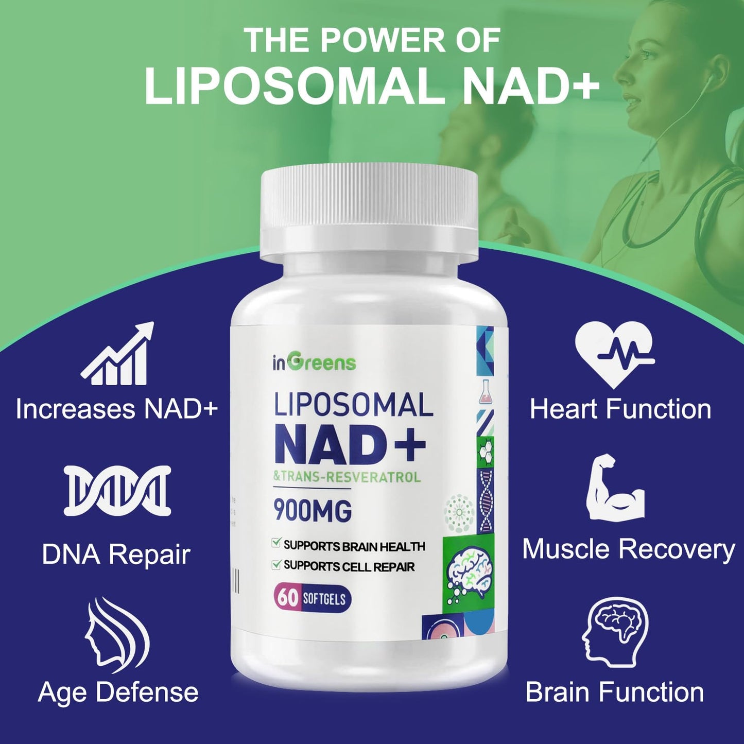 inGreens 900mg Liposomal NAD+ Supplement with 300mg Trans Resveratrol Softgels, 60 Count