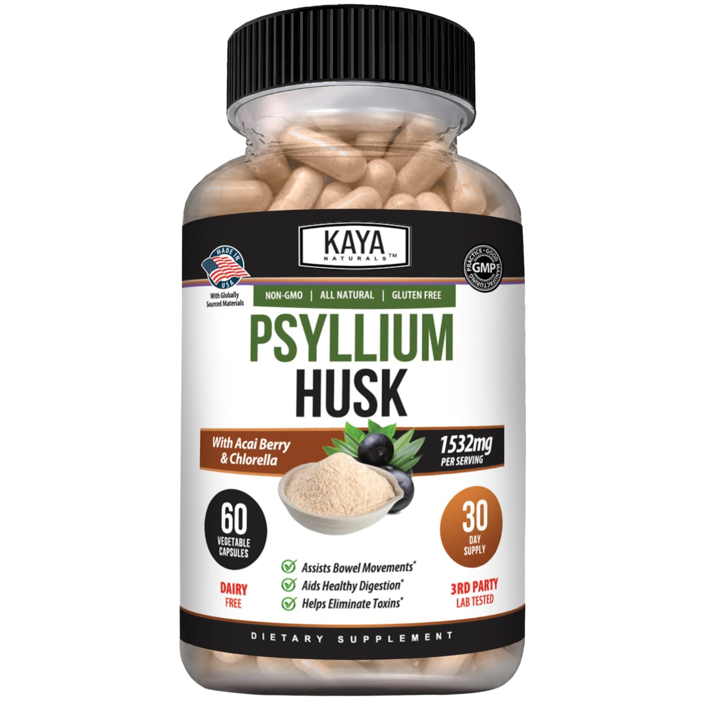 Kaya Naturals Psyllium Husk Capsules, 60 Capsules
