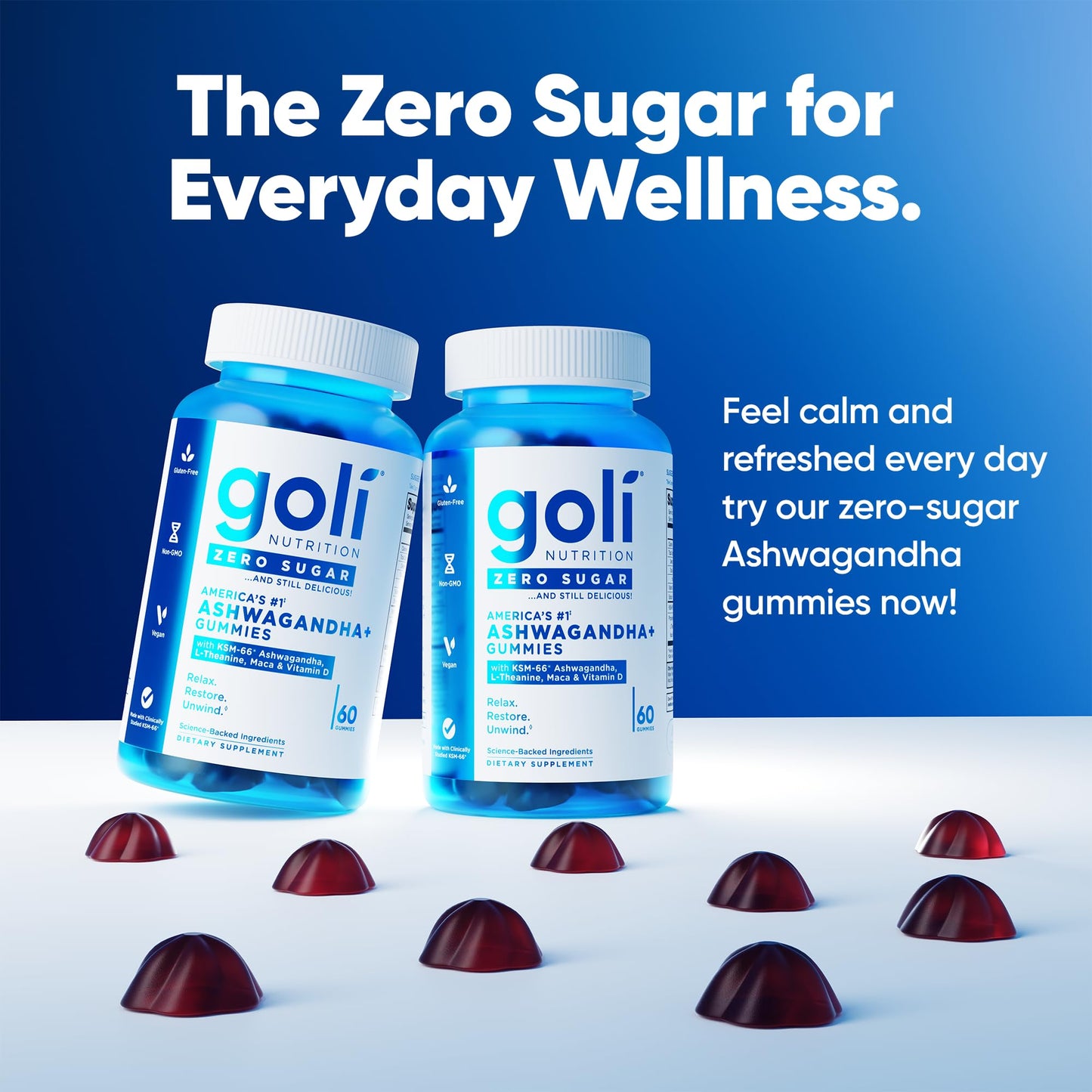 Goli Zero Sugar Ashwagandha Gummies with KSM-66, L-Theanine, Maca and Vitamin D - No Sugar Alcohols - Vegan, Keto-Friendly, Non-GMO