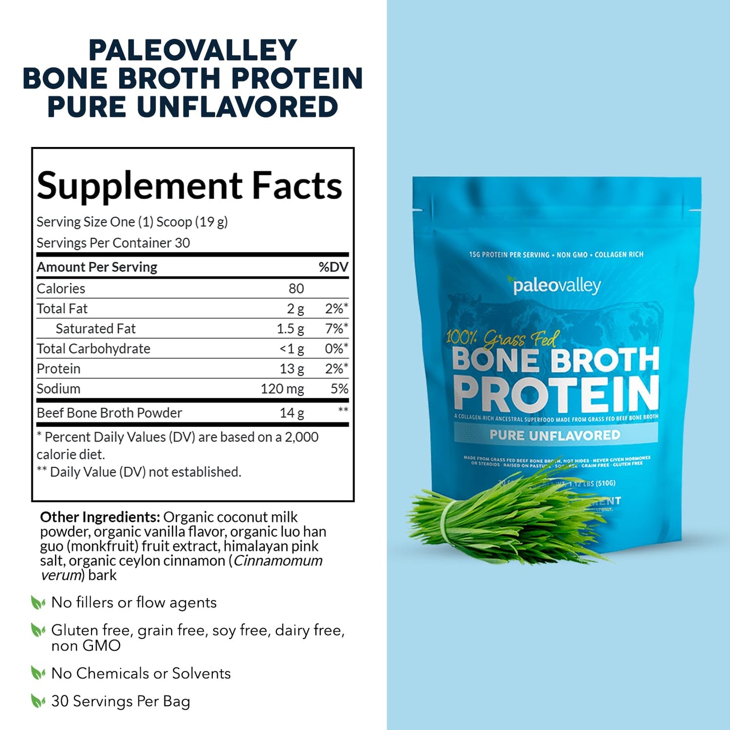 Paleovalley 100% Grass Fed Beef Bone Broth Protein Powder 16.8 oz
