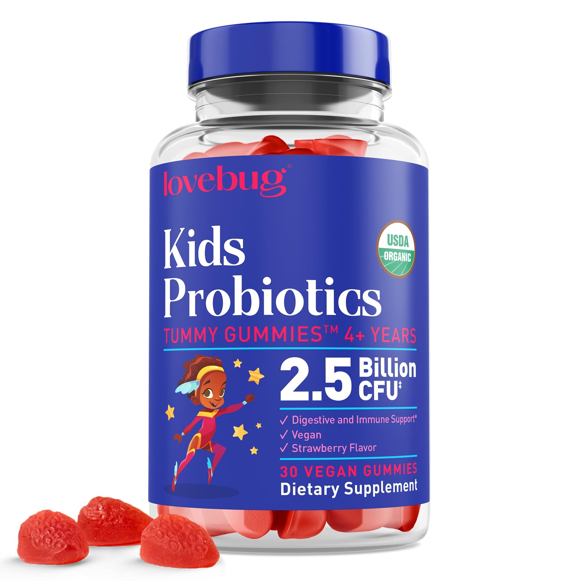 LOVEBUG Kids Probiotic Gummies 30 Count, Organic Chewable Probiotics for Kids Aged 4+, Strawberry