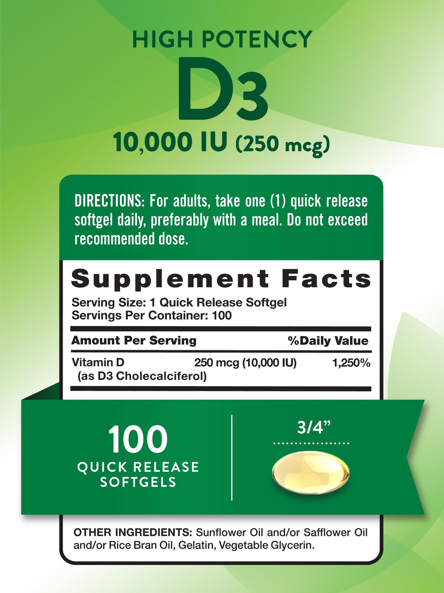 Nature's Truth D3 Vitamin 10,000 IU Softgel 100 Count