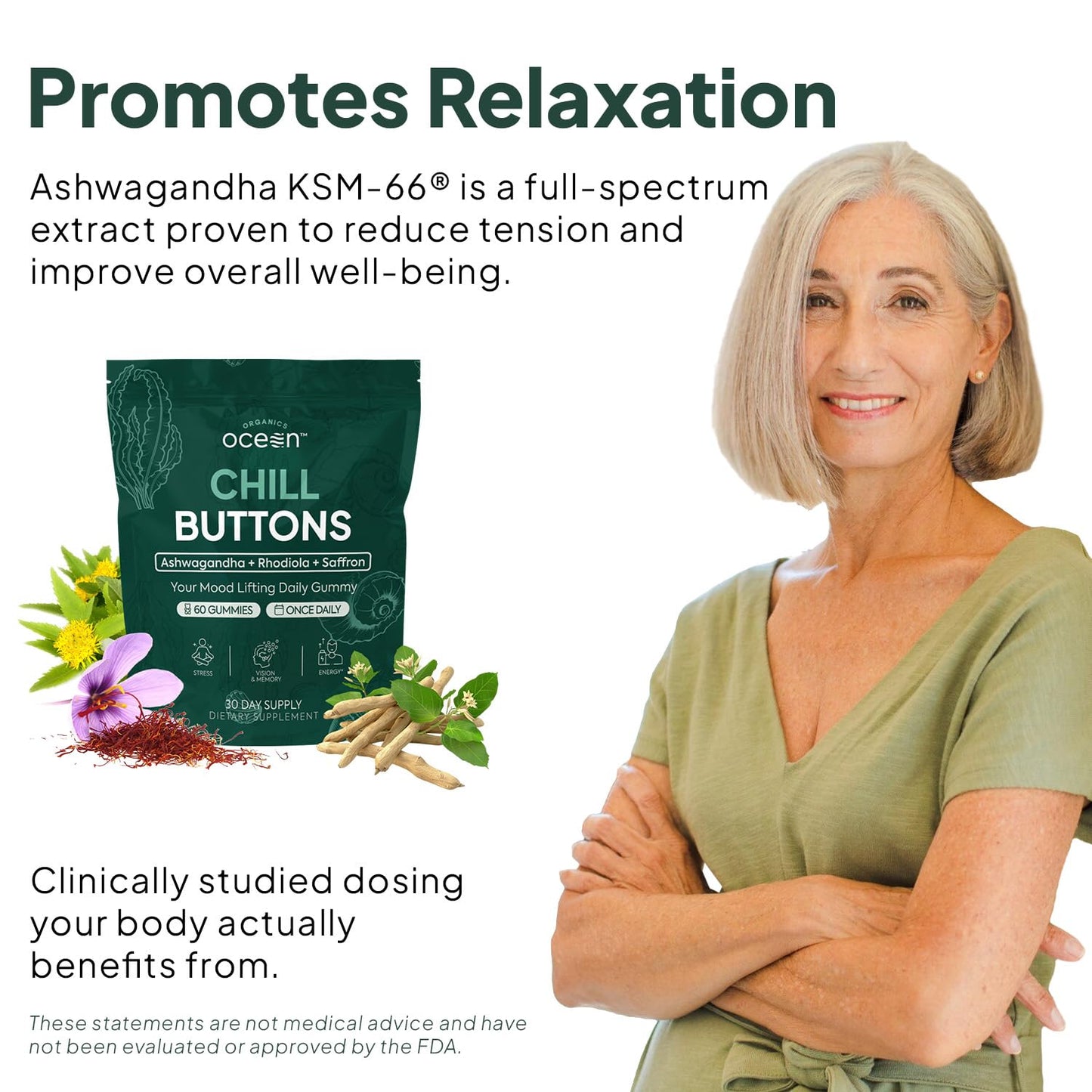Organics Ocean Chill Buttons Natural Ashwagandha Gummy Supplement with Organic KSM-66, Saffron & Rhodiola Rosea – Supports Relaxation, Mood, Focus & Energy, 90 Count