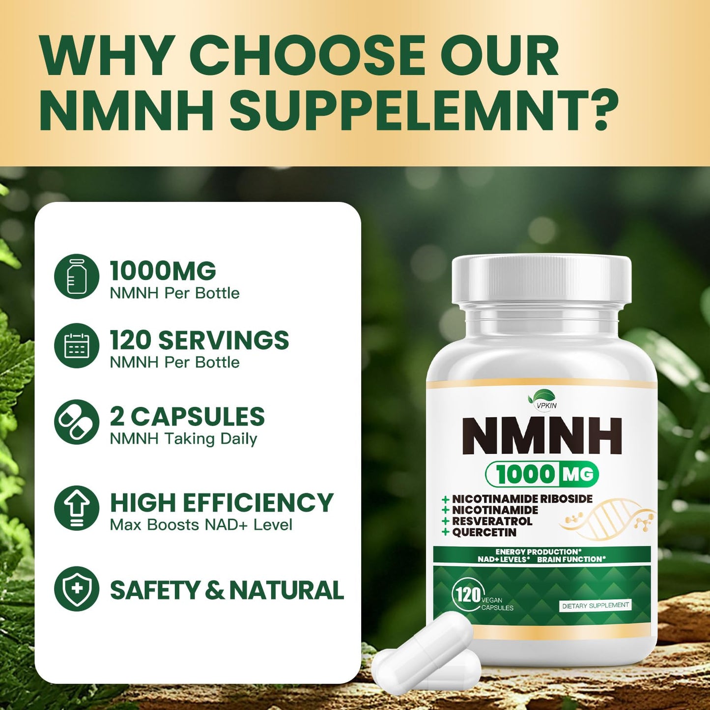 VPKIN NMNH Nicotinamide Mononucleotide 1000mg Capsule 120 Count