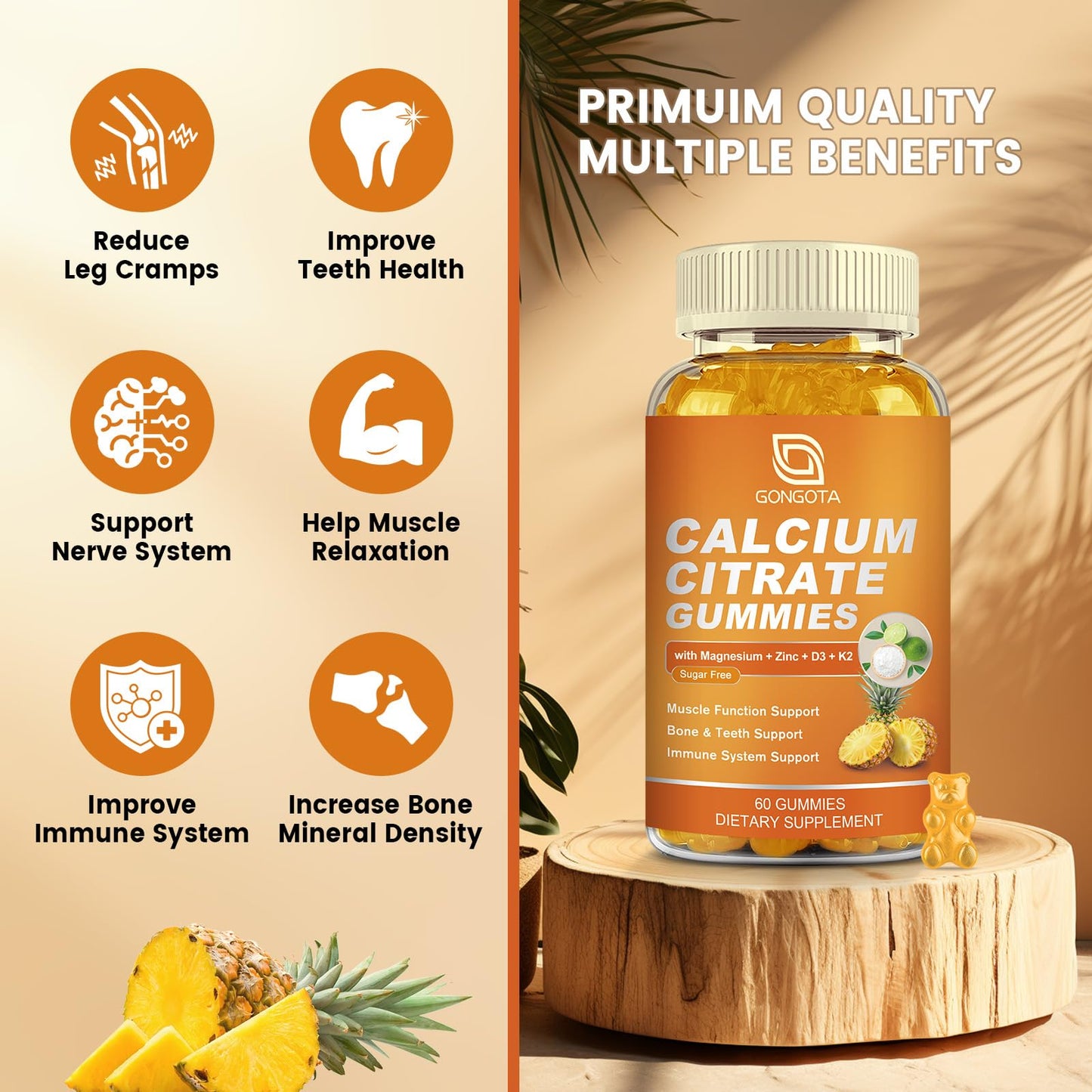 GONGOTA Calcium Citrate 1200mg with Vitamin D3 Gummy, Chewable Calcium for Bone, Muscle, Joints, Immune Support, Sugar Free Pineapple Flavor - 120 Gummies