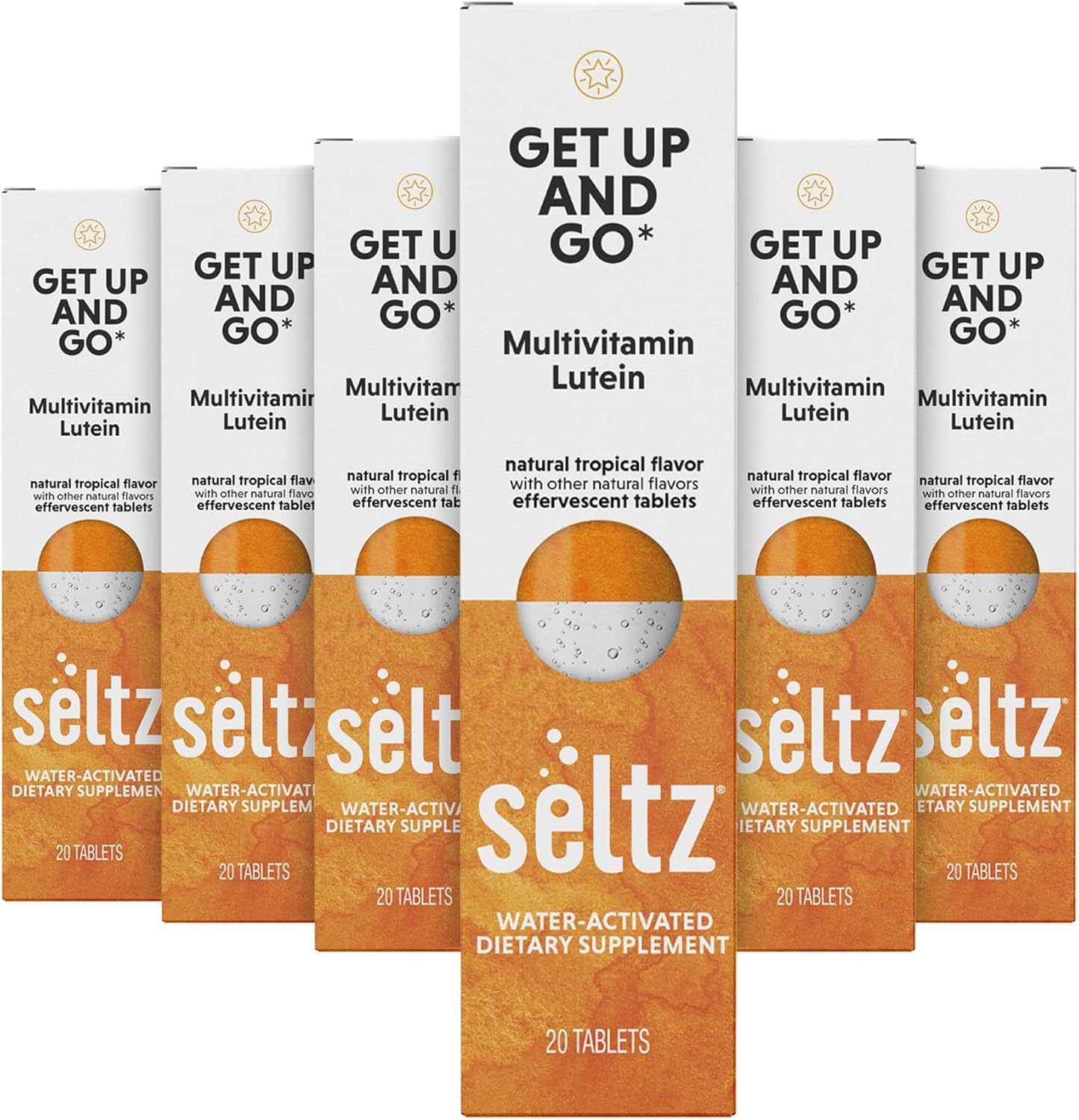 Seltz Get Up and Go – Effervescent Multivitamin with Lutein for Daily Energy, Eye Health & Antioxidant Support – Tropical Flavor, 120 Tablets