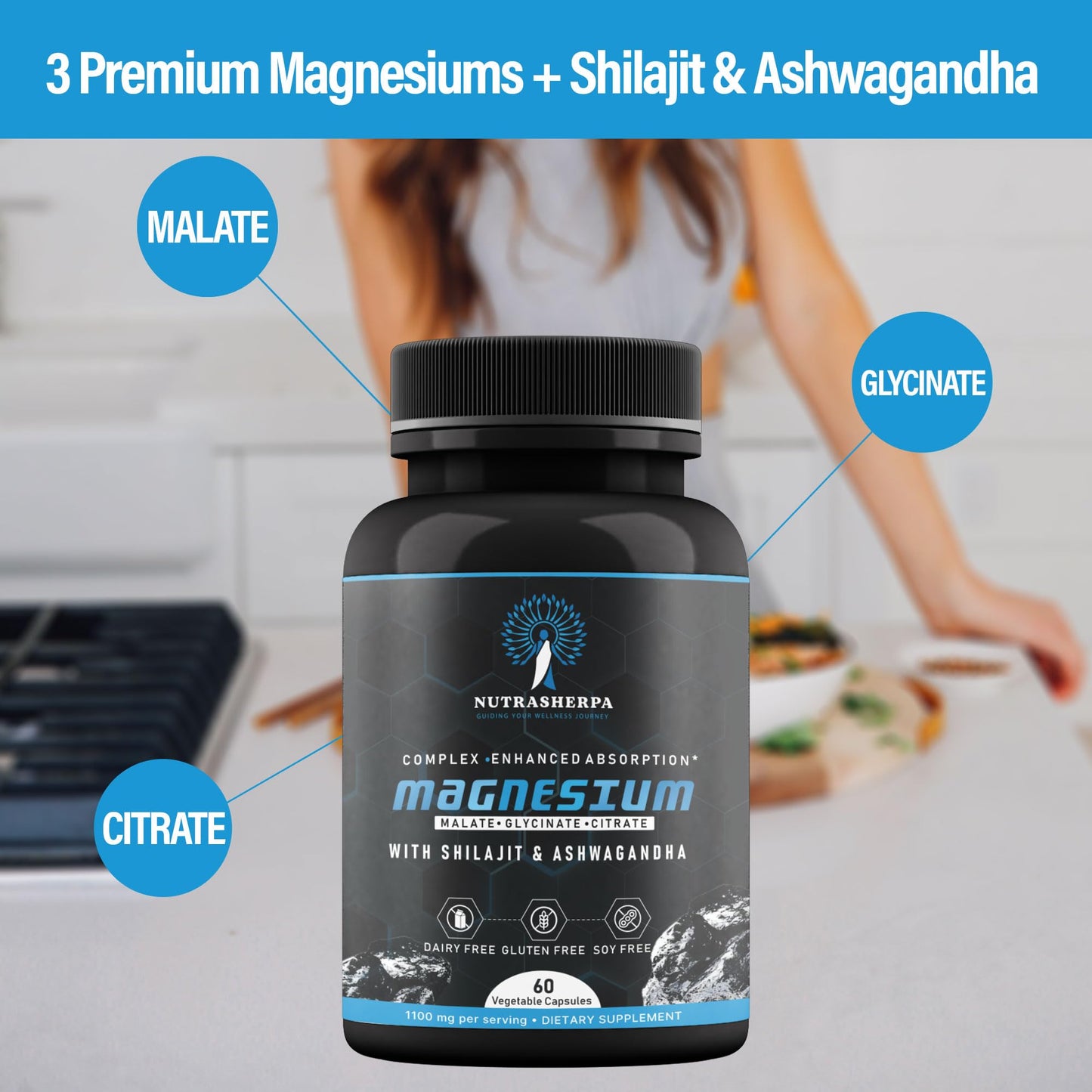 Nutrasherpa Magnesium Complex with Shilajit and Ashwagandha, 300mg Triple Magnesium Blend, Non-Buffered Formula for Absorption Capsule, 60 Count